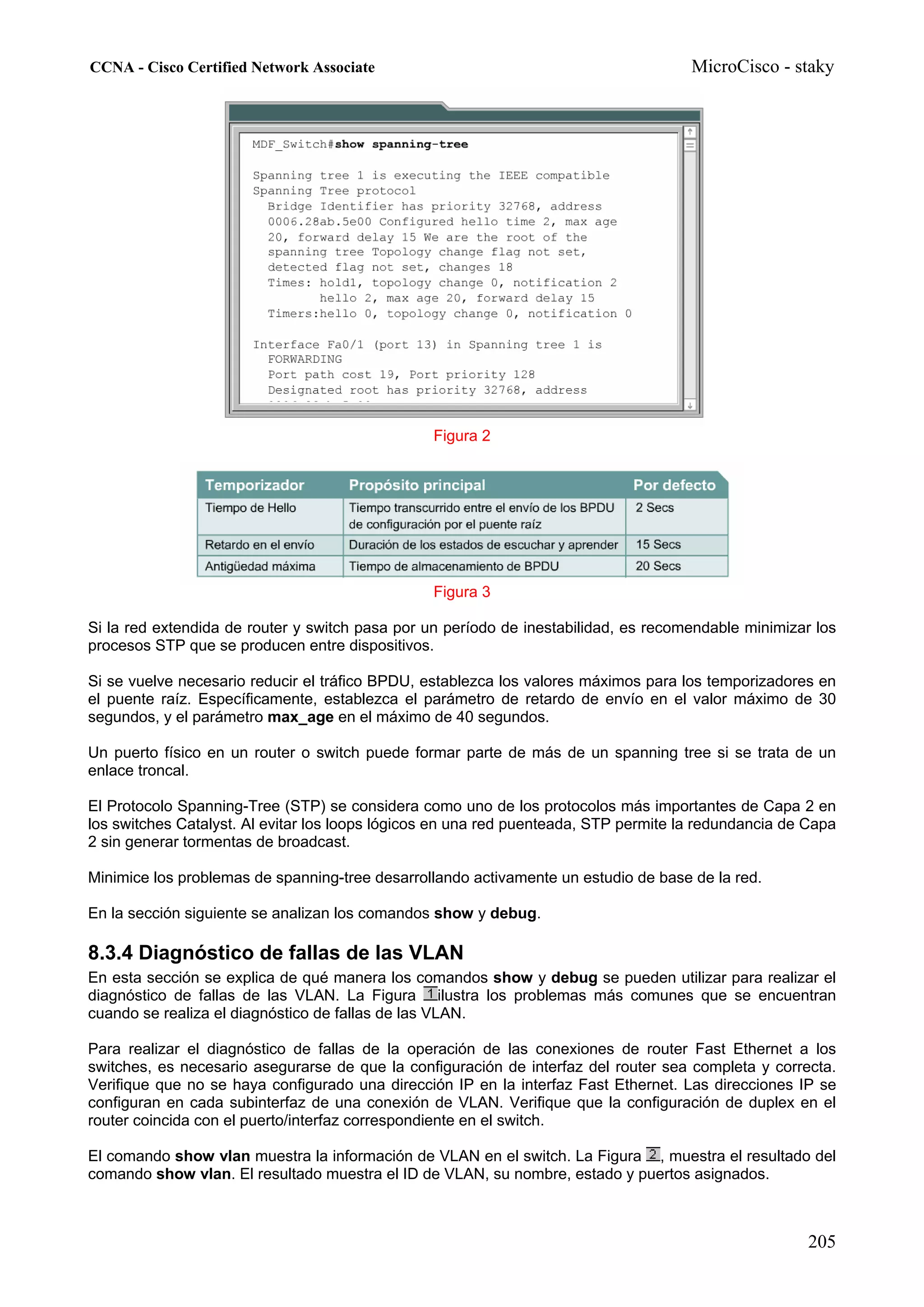 CCNA - Cisco Certified Network Associate                                              MicroCisco - staky




                                                 Figura 2




                                                 Figura 3

Si la red extendida de router y switch pasa por un período de inestabilidad, es recomendable minimizar los
procesos STP que se producen entre dispositivos.

Si se vuelve necesario reducir el tráfico BPDU, establezca los valores máximos para los temporizadores en
el puente raíz. Específicamente, establezca el parámetro de retardo de envío en el valor máximo de 30
segundos, y el parámetro max_age en el máximo de 40 segundos.

Un puerto físico en un router o switch puede formar parte de más de un spanning tree si se trata de un
enlace troncal.

El Protocolo Spanning-Tree (STP) se considera como uno de los protocolos más importantes de Capa 2 en
los switches Catalyst. Al evitar los loops lógicos en una red puenteada, STP permite la redundancia de Capa
2 sin generar tormentas de broadcast.

Minimice los problemas de spanning-tree desarrollando activamente un estudio de base de la red.

En la sección siguiente se analizan los comandos show y debug.

8.3.4 Diagnóstico de fallas de las VLAN
En esta sección se explica de qué manera los comandos show y debug se pueden utilizar para realizar el
diagnóstico de fallas de las VLAN. La Figura ilustra los problemas más comunes que se encuentran
cuando se realiza el diagnóstico de fallas de las VLAN.

Para realizar el diagnóstico de fallas de la operación de las conexiones de router Fast Ethernet a los
switches, es necesario asegurarse de que la configuración de interfaz del router sea completa y correcta.
Verifique que no se haya configurado una dirección IP en la interfaz Fast Ethernet. Las direcciones IP se
configuran en cada subinterfaz de una conexión de VLAN. Verifique que la configuración de duplex en el
router coincida con el puerto/interfaz correspondiente en el switch.

El comando show vlan muestra la información de VLAN en el switch. La Figura , muestra el resultado del
comando show vlan. El resultado muestra el ID de VLAN, su nombre, estado y puertos asignados.



                                                                                                       205
 
