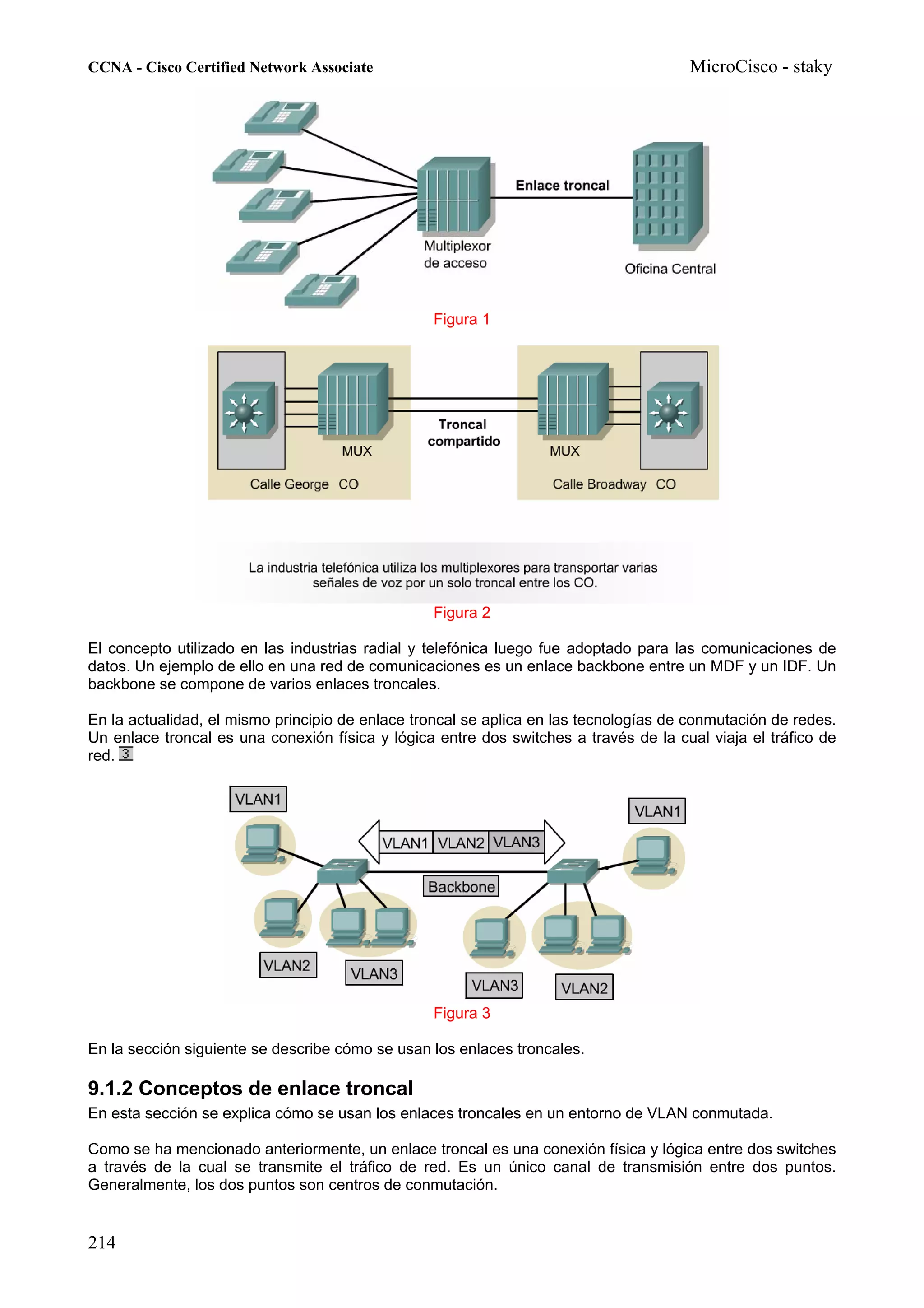 CCNA - Cisco Certified Network Associate                                              MicroCisco - staky




                                                 Figura 1




                                                 Figura 2

El concepto utilizado en las industrias radial y telefónica luego fue adoptado para las comunicaciones de
datos. Un ejemplo de ello en una red de comunicaciones es un enlace backbone entre un MDF y un IDF. Un
backbone se compone de varios enlaces troncales.

En la actualidad, el mismo principio de enlace troncal se aplica en las tecnologías de conmutación de redes.
Un enlace troncal es una conexión física y lógica entre dos switches a través de la cual viaja el tráfico de
red.




                                                 Figura 3

En la sección siguiente se describe cómo se usan los enlaces troncales.

9.1.2 Conceptos de enlace troncal
En esta sección se explica cómo se usan los enlaces troncales en un entorno de VLAN conmutada.

Como se ha mencionado anteriormente, un enlace troncal es una conexión física y lógica entre dos switches
a través de la cual se transmite el tráfico de red. Es un único canal de transmisión entre dos puntos.
Generalmente, los dos puntos son centros de conmutación.


214
 