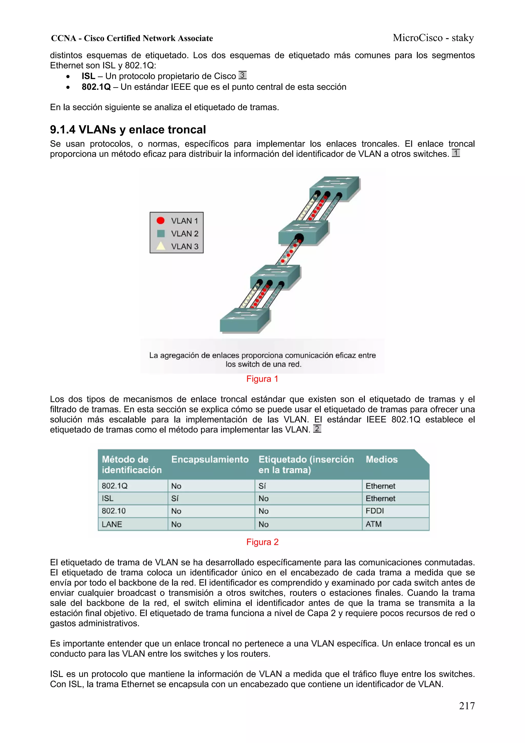 CCNA - Cisco Certified Network Associate                                               MicroCisco - staky
distintos esquemas de etiquetado. Los dos esquemas de etiquetado más comunes para los segmentos
Ethernet son ISL y 802.1Q:
     • ISL – Un protocolo propietario de Cisco
     • 802.1Q – Un estándar IEEE que es el punto central de esta sección

En la sección siguiente se analiza el etiquetado de tramas.

9.1.4 VLANs y enlace troncal
Se usan protocolos, o normas, específicos para implementar los enlaces troncales. El enlace troncal
proporciona un método eficaz para distribuir la información del identificador de VLAN a otros switches.




                                                  Figura 1

Los dos tipos de mecanismos de enlace troncal estándar que existen son el etiquetado de tramas y el
filtrado de tramas. En esta sección se explica cómo se puede usar el etiquetado de tramas para ofrecer una
solución más escalable para la implementación de las VLAN. El estándar IEEE 802.1Q establece el
etiquetado de tramas como el método para implementar las VLAN.




                                                  Figura 2

El etiquetado de trama de VLAN se ha desarrollado específicamente para las comunicaciones conmutadas.
El etiquetado de trama coloca un identificador único en el encabezado de cada trama a medida que se
envía por todo el backbone de la red. El identificador es comprendido y examinado por cada switch antes de
enviar cualquier broadcast o transmisión a otros switches, routers o estaciones finales. Cuando la trama
sale del backbone de la red, el switch elimina el identificador antes de que la trama se transmita a la
estación final objetivo. El etiquetado de trama funciona a nivel de Capa 2 y requiere pocos recursos de red o
gastos administrativos.

Es importante entender que un enlace troncal no pertenece a una VLAN específica. Un enlace troncal es un
conducto para las VLAN entre los switches y los routers.

ISL es un protocolo que mantiene la información de VLAN a medida que el tráfico fluye entre los switches.
Con ISL, la trama Ethernet se encapsula con un encabezado que contiene un identificador de VLAN.

                                                                                                        217
 
