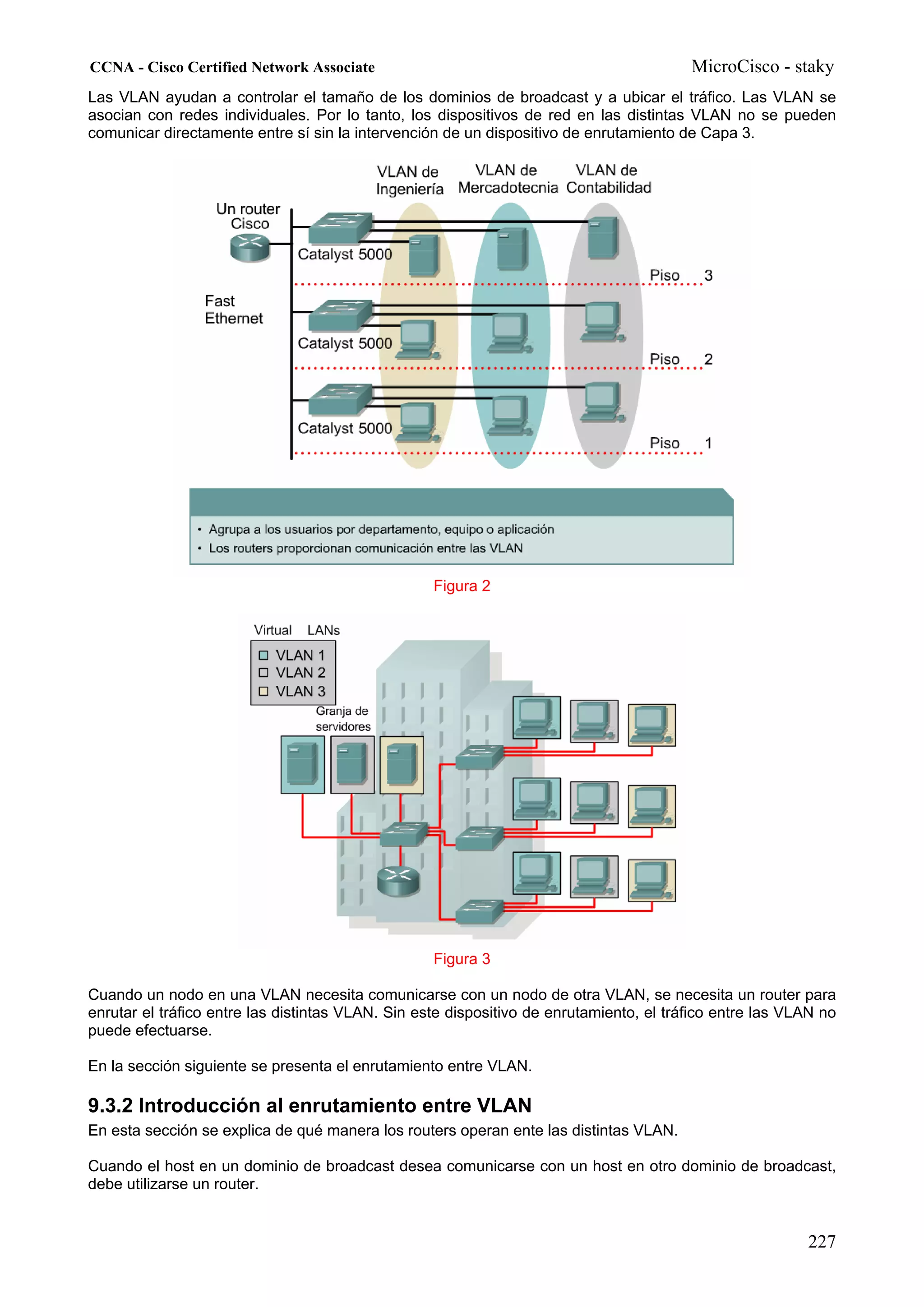CCNA - Cisco Certified Network Associate                                                 MicroCisco - staky
Las VLAN ayudan a controlar el tamaño de los dominios de broadcast y a ubicar el tráfico. Las VLAN se
asocian con redes individuales. Por lo tanto, los dispositivos de red en las distintas VLAN no se pueden
comunicar directamente entre sí sin la intervención de un dispositivo de enrutamiento de Capa 3.




                                                   Figura 2




                                                   Figura 3

Cuando un nodo en una VLAN necesita comunicarse con un nodo de otra VLAN, se necesita un router para
enrutar el tráfico entre las distintas VLAN. Sin este dispositivo de enrutamiento, el tráfico entre las VLAN no
puede efectuarse.

En la sección siguiente se presenta el enrutamiento entre VLAN.

9.3.2 Introducción al enrutamiento entre VLAN
En esta sección se explica de qué manera los routers operan ente las distintas VLAN.

Cuando el host en un dominio de broadcast desea comunicarse con un host en otro dominio de broadcast,
debe utilizarse un router.


                                                                                                          227
 