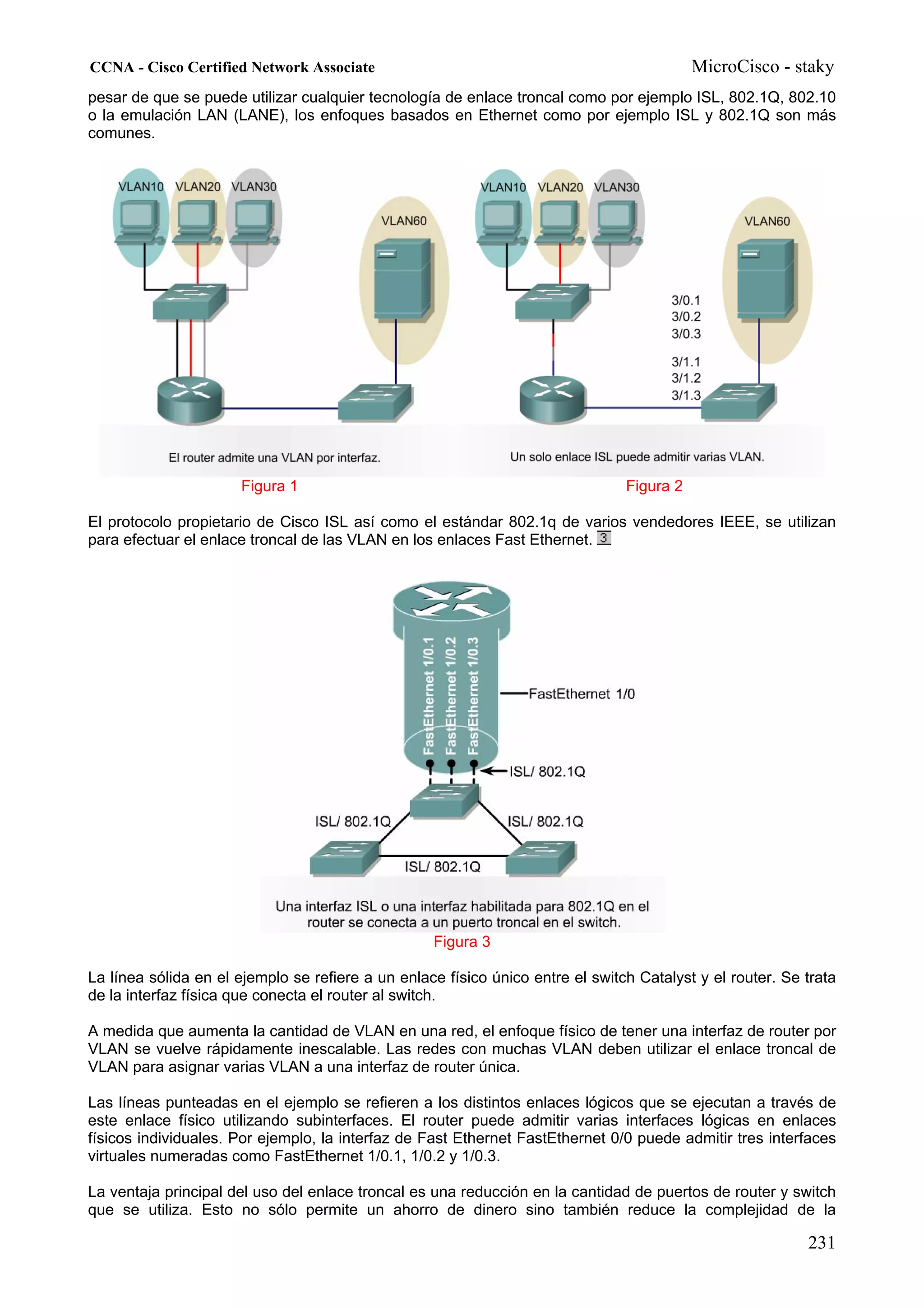 CCNA - Cisco Certified Network Associate                                                   MicroCisco - staky
pesar de que se puede utilizar cualquier tecnología de enlace troncal como por ejemplo ISL, 802.1Q, 802.10
o la emulación LAN (LANE), los enfoques basados en Ethernet como por ejemplo ISL y 802.1Q son más
comunes.




                      Figura 1                                                  Figura 2

El protocolo propietario de Cisco ISL así como el estándar 802.1q de varios vendedores IEEE, se utilizan
para efectuar el enlace troncal de las VLAN en los enlaces Fast Ethernet.




                                                   Figura 3

La línea sólida en el ejemplo se refiere a un enlace físico único entre el switch Catalyst y el router. Se trata
de la interfaz física que conecta el router al switch.

A medida que aumenta la cantidad de VLAN en una red, el enfoque físico de tener una interfaz de router por
VLAN se vuelve rápidamente inescalable. Las redes con muchas VLAN deben utilizar el enlace troncal de
VLAN para asignar varias VLAN a una interfaz de router única.

Las líneas punteadas en el ejemplo se refieren a los distintos enlaces lógicos que se ejecutan a través de
este enlace físico utilizando subinterfaces. El router puede admitir varias interfaces lógicas en enlaces
físicos individuales. Por ejemplo, la interfaz de Fast Ethernet FastEthernet 0/0 puede admitir tres interfaces
virtuales numeradas como FastEthernet 1/0.1, 1/0.2 y 1/0.3.

La ventaja principal del uso del enlace troncal es una reducción en la cantidad de puertos de router y switch
que se utiliza. Esto no sólo permite un ahorro de dinero sino también reduce la complejidad de la

                                                                                                           231
 