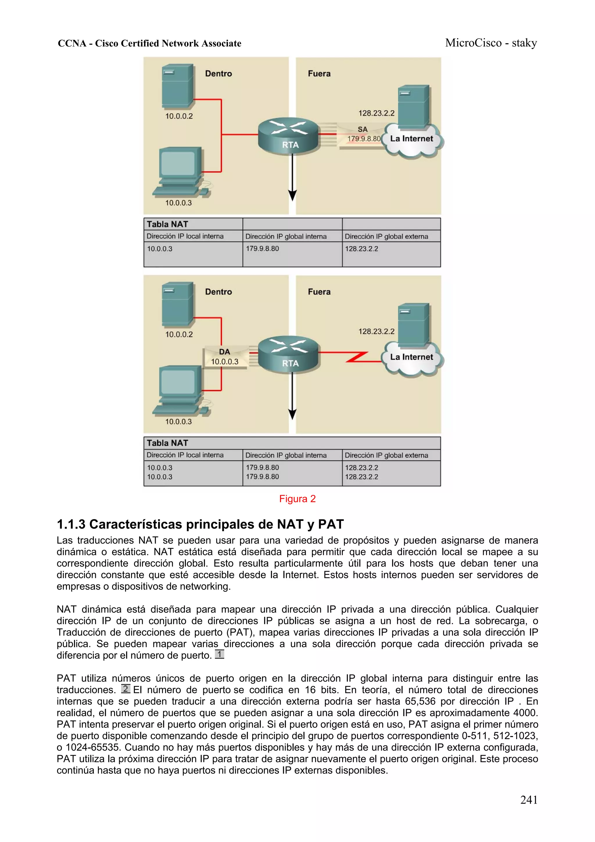 CCNA - Cisco Certified Network Associate                                               MicroCisco - staky




                                                  Figura 2

1.1.3 Características principales de NAT y PAT
Las traducciones NAT se pueden usar para una variedad de propósitos y pueden asignarse de manera
dinámica o estática. NAT estática está diseñada para permitir que cada dirección local se mapee a su
correspondiente dirección global. Esto resulta particularmente útil para los hosts que deban tener una
dirección constante que esté accesible desde la Internet. Estos hosts internos pueden ser servidores de
empresas o dispositivos de networking.

NAT dinámica está diseñada para mapear una dirección IP privada a una dirección pública. Cualquier
dirección IP de un conjunto de direcciones IP públicas se asigna a un host de red. La sobrecarga, o
Traducción de direcciones de puerto (PAT), mapea varias direcciones IP privadas a una sola dirección IP
pública. Se pueden mapear varias direcciones a una sola dirección porque cada dirección privada se
diferencia por el número de puerto.

PAT utiliza números únicos de puerto origen en la dirección IP global interna para distinguir entre las
traducciones.     El número de puerto se codifica en 16 bits. En teoría, el número total de direcciones
internas que se pueden traducir a una dirección externa podría ser hasta 65,536 por dirección IP . En
realidad, el número de puertos que se pueden asignar a una sola dirección IP es aproximadamente 4000.
PAT intenta preservar el puerto origen original. Si el puerto origen está en uso, PAT asigna el primer número
de puerto disponible comenzando desde el principio del grupo de puertos correspondiente 0-511, 512-1023,
o 1024-65535. Cuando no hay más puertos disponibles y hay más de una dirección IP externa configurada,
PAT utiliza la próxima dirección IP para tratar de asignar nuevamente el puerto origen original. Este proceso
continúa hasta que no haya puertos ni direcciones IP externas disponibles.


                                                                                                        241
 