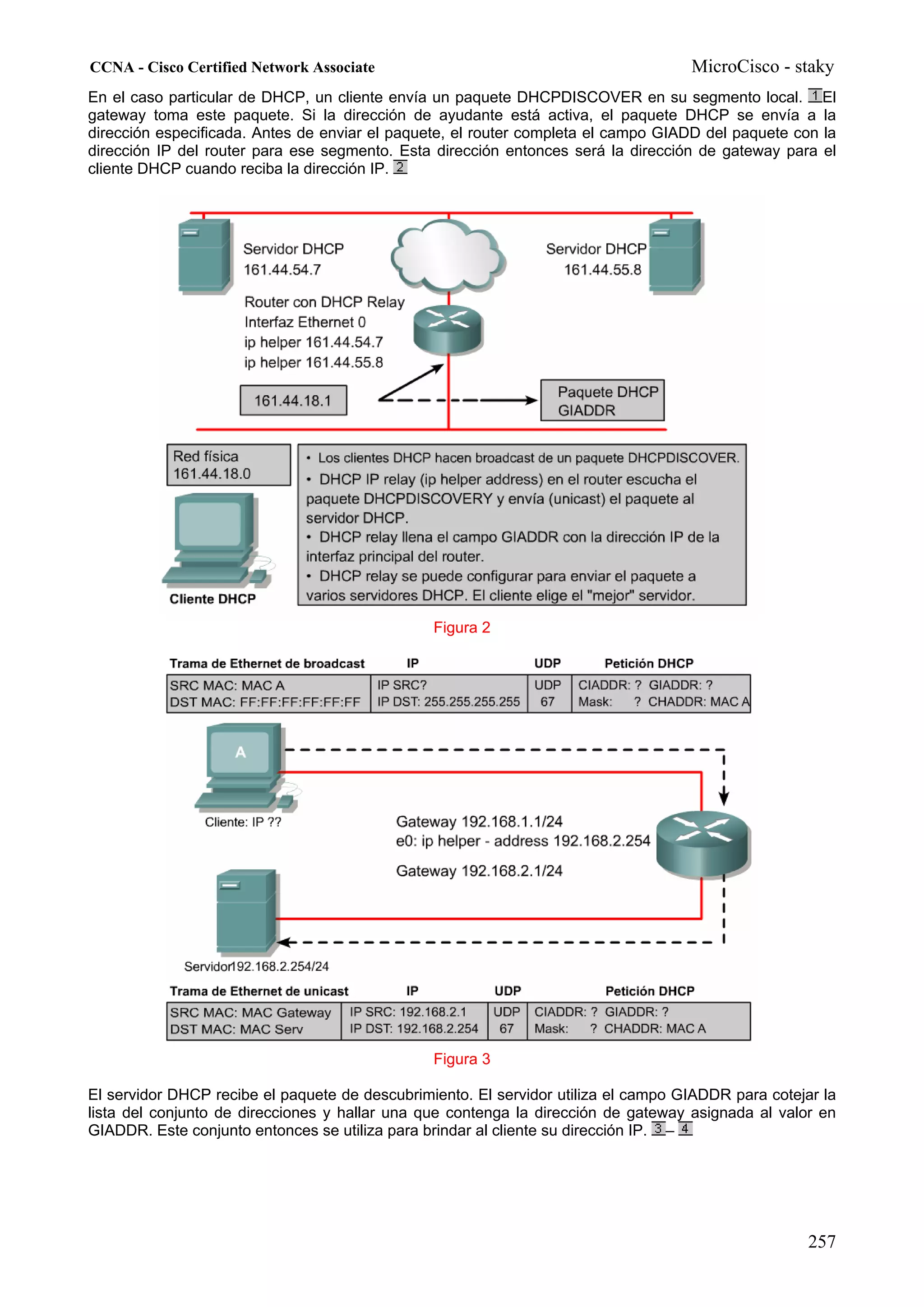 CCNA - Cisco Certified Network Associate                                            MicroCisco - staky
En el caso particular de DHCP, un cliente envía un paquete DHCPDISCOVER en su segmento local. El
gateway toma este paquete. Si la dirección de ayudante está activa, el paquete DHCP se envía a la
dirección especificada. Antes de enviar el paquete, el router completa el campo GIADD del paquete con la
dirección IP del router para ese segmento. Esta dirección entonces será la dirección de gateway para el
cliente DHCP cuando reciba la dirección IP.




                                                Figura 2




                                                Figura 3

El servidor DHCP recibe el paquete de descubrimiento. El servidor utiliza el campo GIADDR para cotejar la
lista del conjunto de direcciones y hallar una que contenga la dirección de gateway asignada al valor en
GIADDR. Este conjunto entonces se utiliza para brindar al cliente su dirección IP. –




                                                                                                     257
 
