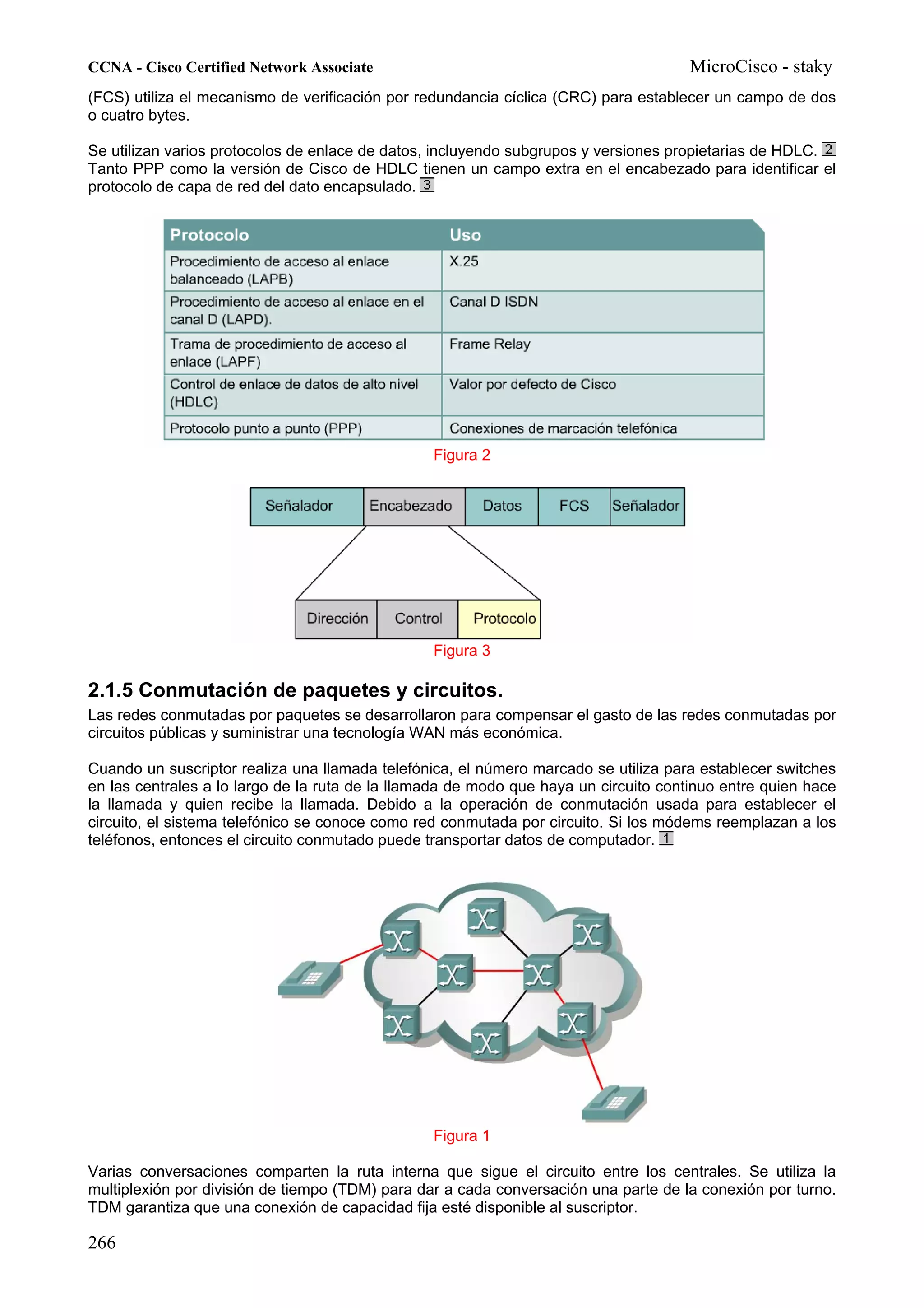 CCNA - Cisco Certified Network Associate                                              MicroCisco - staky
(FCS) utiliza el mecanismo de verificación por redundancia cíclica (CRC) para establecer un campo de dos
o cuatro bytes.

Se utilizan varios protocolos de enlace de datos, incluyendo subgrupos y versiones propietarias de HDLC.
Tanto PPP como la versión de Cisco de HDLC tienen un campo extra en el encabezado para identificar el
protocolo de capa de red del dato encapsulado.




                                                 Figura 2




                                                 Figura 3

2.1.5 Conmutación de paquetes y circuitos.
Las redes conmutadas por paquetes se desarrollaron para compensar el gasto de las redes conmutadas por
circuitos públicas y suministrar una tecnología WAN más económica.

Cuando un suscriptor realiza una llamada telefónica, el número marcado se utiliza para establecer switches
en las centrales a lo largo de la ruta de la llamada de modo que haya un circuito continuo entre quien hace
la llamada y quien recibe la llamada. Debido a la operación de conmutación usada para establecer el
circuito, el sistema telefónico se conoce como red conmutada por circuito. Si los módems reemplazan a los
teléfonos, entonces el circuito conmutado puede transportar datos de computador.




                                                 Figura 1

Varias conversaciones comparten la ruta interna que sigue el circuito entre los centrales. Se utiliza la
multiplexión por división de tiempo (TDM) para dar a cada conversación una parte de la conexión por turno.
TDM garantiza que una conexión de capacidad fija esté disponible al suscriptor.

266
 