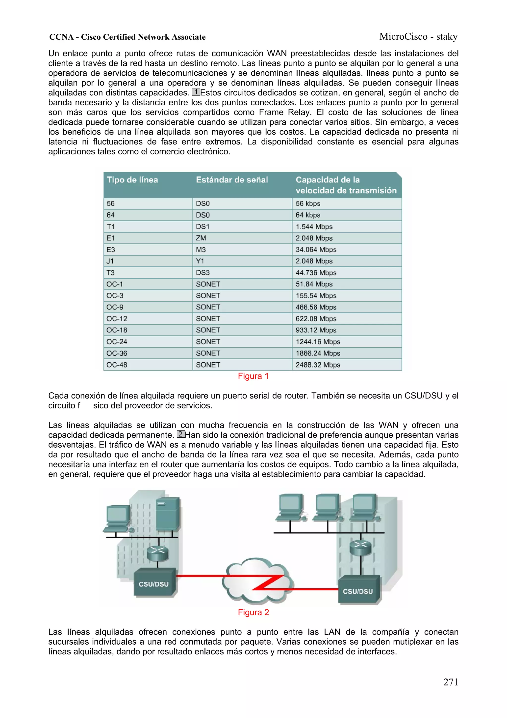 CCNA - Cisco Certified Network Associate                                               MicroCisco - staky
Un enlace punto a punto ofrece rutas de comunicación WAN preestablecidas desde las instalaciones del
cliente a través de la red hasta un destino remoto. Las líneas punto a punto se alquilan por lo general a una
operadora de servicios de telecomunicaciones y se denominan líneas alquiladas. líneas punto a punto se
alquilan por lo general a una operadora y se denominan líneas alquiladas. Se pueden conseguir líneas
alquiladas con distintas capacidades. Estos circuitos dedicados se cotizan, en general, según el ancho de
banda necesario y la distancia entre los dos puntos conectados. Los enlaces punto a punto por lo general
son más caros que los servicios compartidos como Frame Relay. El costo de las soluciones de línea
dedicada puede tornarse considerable cuando se utilizan para conectar varios sitios. Sin embargo, a veces
los beneficios de una línea alquilada son mayores que los costos. La capacidad dedicada no presenta ni
latencia ni fluctuaciones de fase entre extremos. La disponibilidad constante es esencial para algunas
aplicaciones tales como el comercio electrónico.




                                                  Figura 1

Cada conexión de línea alquilada requiere un puerto serial de router. También se necesita un CSU/DSU y el
circuito f sico del proveedor de servicios.

Las líneas alquiladas se utilizan con mucha frecuencia en la construcción de las WAN y ofrecen una
capacidad dedicada permanente. Han sido la conexión tradicional de preferencia aunque presentan varias
desventajas. El tráfico de WAN es a menudo variable y las líneas alquiladas tienen una capacidad fija. Esto
da por resultado que el ancho de banda de la línea rara vez sea el que se necesita. Además, cada punto
necesitaría una interfaz en el router que aumentaría los costos de equipos. Todo cambio a la línea alquilada,
en general, requiere que el proveedor haga una visita al establecimiento para cambiar la capacidad.




                                                  Figura 2

Las líneas alquiladas ofrecen conexiones punto a punto entre las LAN de la compañía y conectan
sucursales individuales a una red conmutada por paquete. Varias conexiones se pueden mutiplexar en las
líneas alquiladas, dando por resultado enlaces más cortos y menos necesidad de interfaces.


                                                                                                        271
 