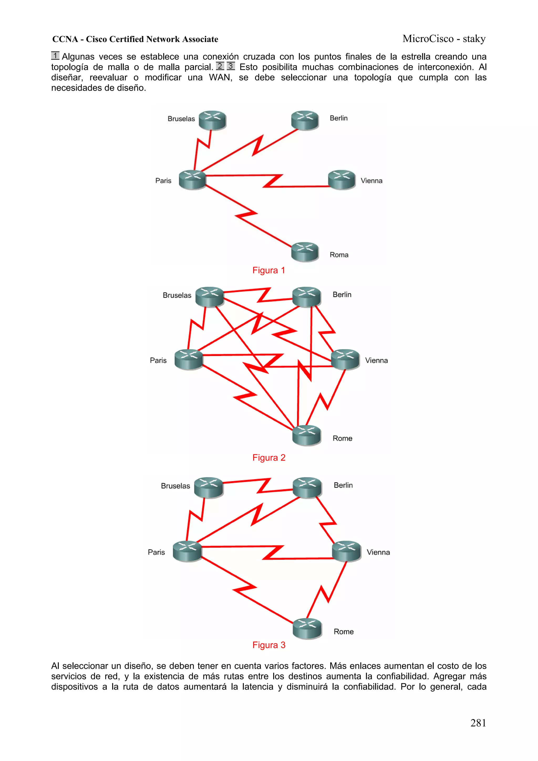 CCNA - Cisco Certified Network Associate                                            MicroCisco - staky
   Algunas veces se establece una conexión cruzada con los puntos finales de la estrella creando una
topología de malla o de malla parcial.    Esto posibilita muchas combinaciones de interconexión. Al
diseñar, reevaluar o modificar una WAN, se debe seleccionar una topología que cumpla con las
necesidades de diseño.




                                                Figura 1




                                                Figura 2




                                                Figura 3

Al seleccionar un diseño, se deben tener en cuenta varios factores. Más enlaces aumentan el costo de los
servicios de red, y la existencia de más rutas entre los destinos aumenta la confiabilidad. Agregar más
dispositivos a la ruta de datos aumentará la latencia y disminuirá la confiabilidad. Por lo general, cada



                                                                                                     281
 