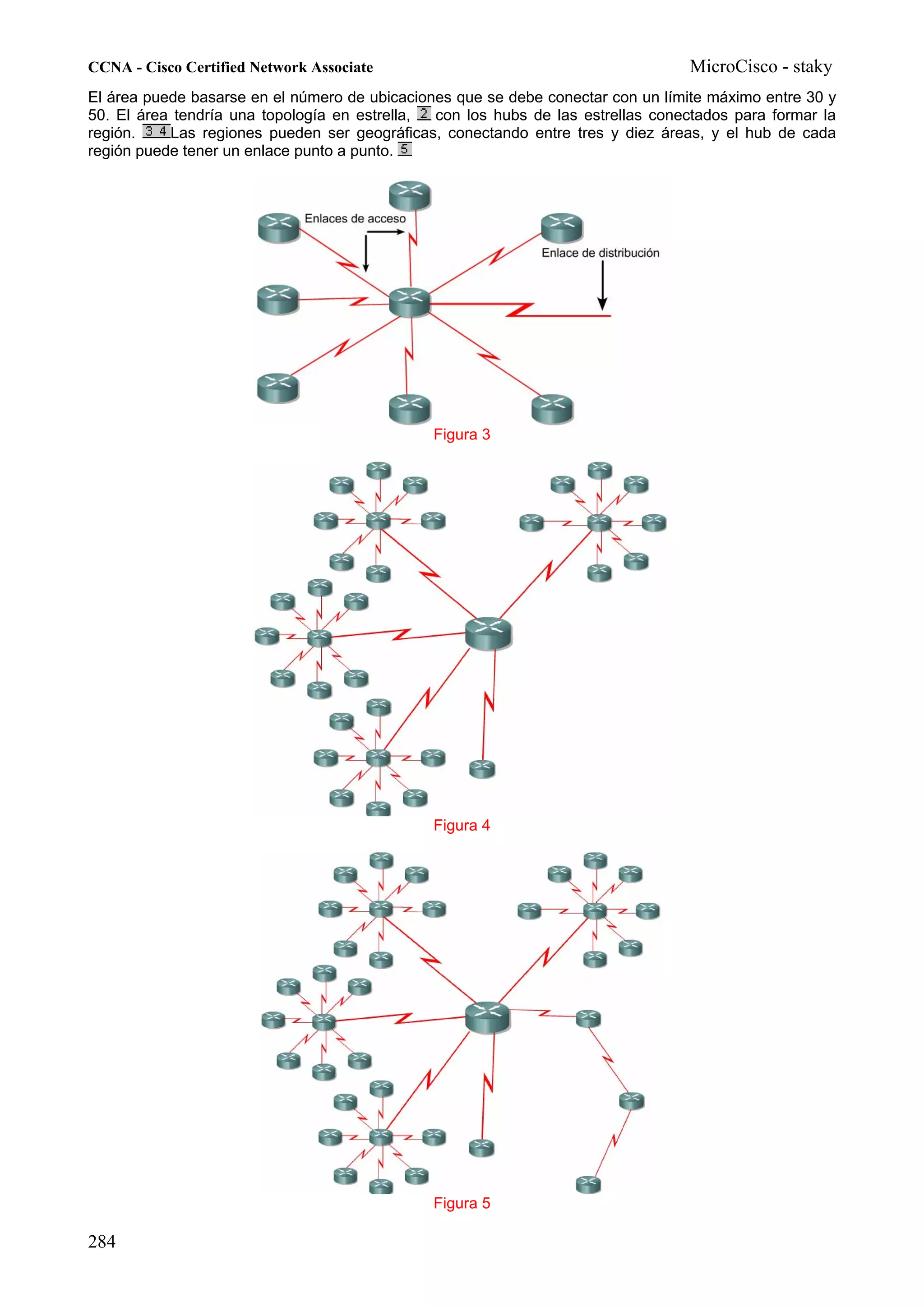 CCNA - Cisco Certified Network Associate                                          MicroCisco - staky
El área puede basarse en el número de ubicaciones que se debe conectar con un límite máximo entre 30 y
50. El área tendría una topología en estrella, con los hubs de las estrellas conectados para formar la
región.    Las regiones pueden ser geográficas, conectando entre tres y diez áreas, y el hub de cada
región puede tener un enlace punto a punto.




                                               Figura 3




                                               Figura 4




                                               Figura 5

284
 