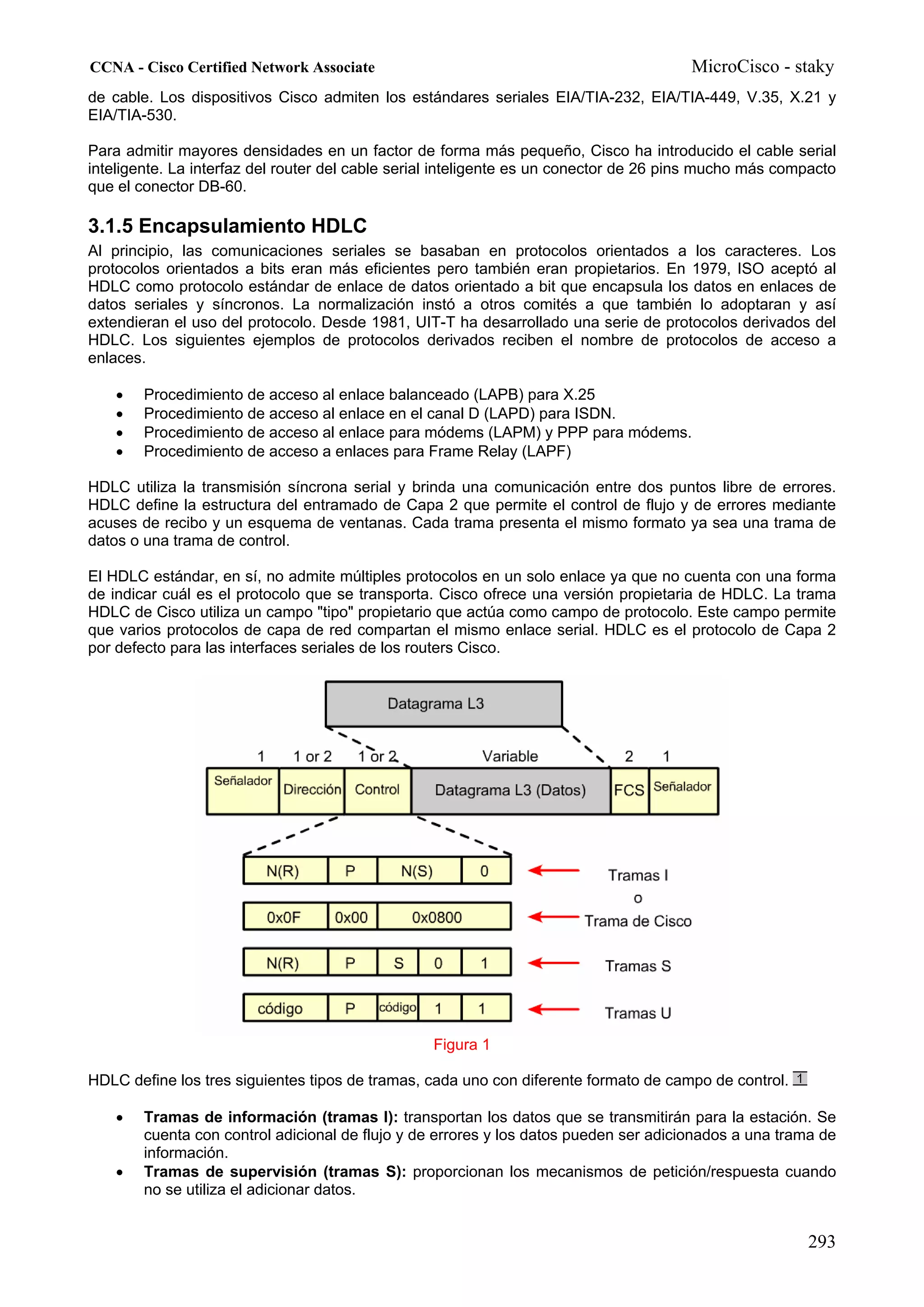 CCNA - Cisco Certified Network Associate                                               MicroCisco - staky
de cable. Los dispositivos Cisco admiten los estándares seriales EIA/TIA-232, EIA/TIA-449, V.35, X.21 y
EIA/TIA-530.

Para admitir mayores densidades en un factor de forma más pequeño, Cisco ha introducido el cable serial
inteligente. La interfaz del router del cable serial inteligente es un conector de 26 pins mucho más compacto
que el conector DB-60.

3.1.5 Encapsulamiento HDLC
Al principio, las comunicaciones seriales se basaban en protocolos orientados a los caracteres. Los
protocolos orientados a bits eran más eficientes pero también eran propietarios. En 1979, ISO aceptó al
HDLC como protocolo estándar de enlace de datos orientado a bit que encapsula los datos en enlaces de
datos seriales y síncronos. La normalización instó a otros comités a que también lo adoptaran y así
extendieran el uso del protocolo. Desde 1981, UIT-T ha desarrollado una serie de protocolos derivados del
HDLC. Los siguientes ejemplos de protocolos derivados reciben el nombre de protocolos de acceso a
enlaces.

    •   Procedimiento de acceso al enlace balanceado (LAPB) para X.25
    •   Procedimiento de acceso al enlace en el canal D (LAPD) para ISDN.
    •   Procedimiento de acceso al enlace para módems (LAPM) y PPP para módems.
    •   Procedimiento de acceso a enlaces para Frame Relay (LAPF)

HDLC utiliza la transmisión síncrona serial y brinda una comunicación entre dos puntos libre de errores.
HDLC define la estructura del entramado de Capa 2 que permite el control de flujo y de errores mediante
acuses de recibo y un esquema de ventanas. Cada trama presenta el mismo formato ya sea una trama de
datos o una trama de control.

El HDLC estándar, en sí, no admite múltiples protocolos en un solo enlace ya que no cuenta con una forma
de indicar cuál es el protocolo que se transporta. Cisco ofrece una versión propietaria de HDLC. La trama
HDLC de Cisco utiliza un campo "tipo" propietario que actúa como campo de protocolo. Este campo permite
que varios protocolos de capa de red compartan el mismo enlace serial. HDLC es el protocolo de Capa 2
por defecto para las interfaces seriales de los routers Cisco.




                                                  Figura 1

HDLC define los tres siguientes tipos de tramas, cada uno con diferente formato de campo de control.

    •   Tramas de información (tramas I): transportan los datos que se transmitirán para la estación. Se
        cuenta con control adicional de flujo y de errores y los datos pueden ser adicionados a una trama de
        información.
    •   Tramas de supervisión (tramas S): proporcionan los mecanismos de petición/respuesta cuando
        no se utiliza el adicionar datos.


                                                                                                        293
 