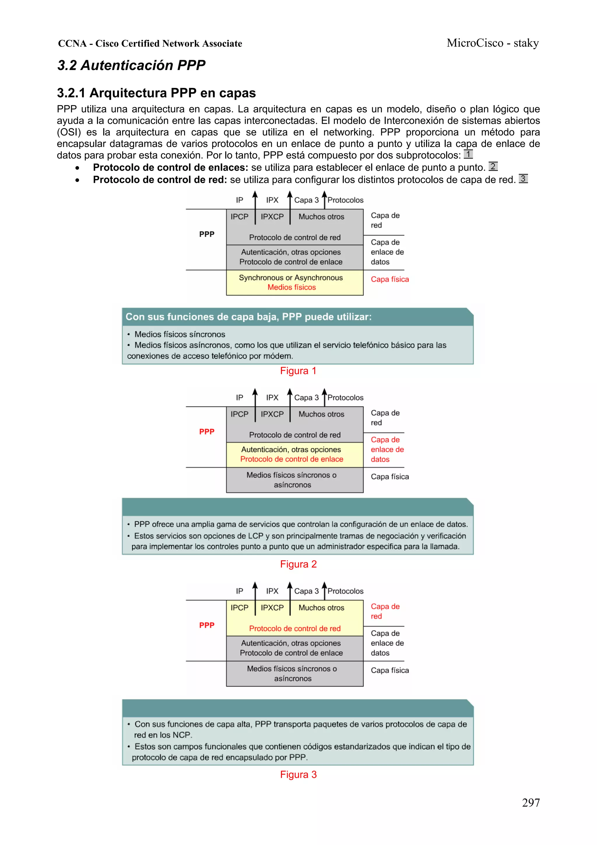 CCNA - Cisco Certified Network Associate                                           MicroCisco - staky
3.2 Autenticación PPP
3.2.1 Arquitectura PPP en capas
PPP utiliza una arquitectura en capas. La arquitectura en capas es un modelo, diseño o plan lógico que
ayuda a la comunicación entre las capas interconectadas. El modelo de Interconexión de sistemas abiertos
(OSI) es la arquitectura en capas que se utiliza en el networking. PPP proporciona un método para
encapsular datagramas de varios protocolos en un enlace de punto a punto y utiliza la capa de enlace de
datos para probar esta conexión. Por lo tanto, PPP está compuesto por dos subprotocolos:
    • Protocolo de control de enlaces: se utiliza para establecer el enlace de punto a punto.
    • Protocolo de control de red: se utiliza para configurar los distintos protocolos de capa de red.




                                                Figura 1




                                                Figura 2




                                                Figura 3

                                                                                                    297
 