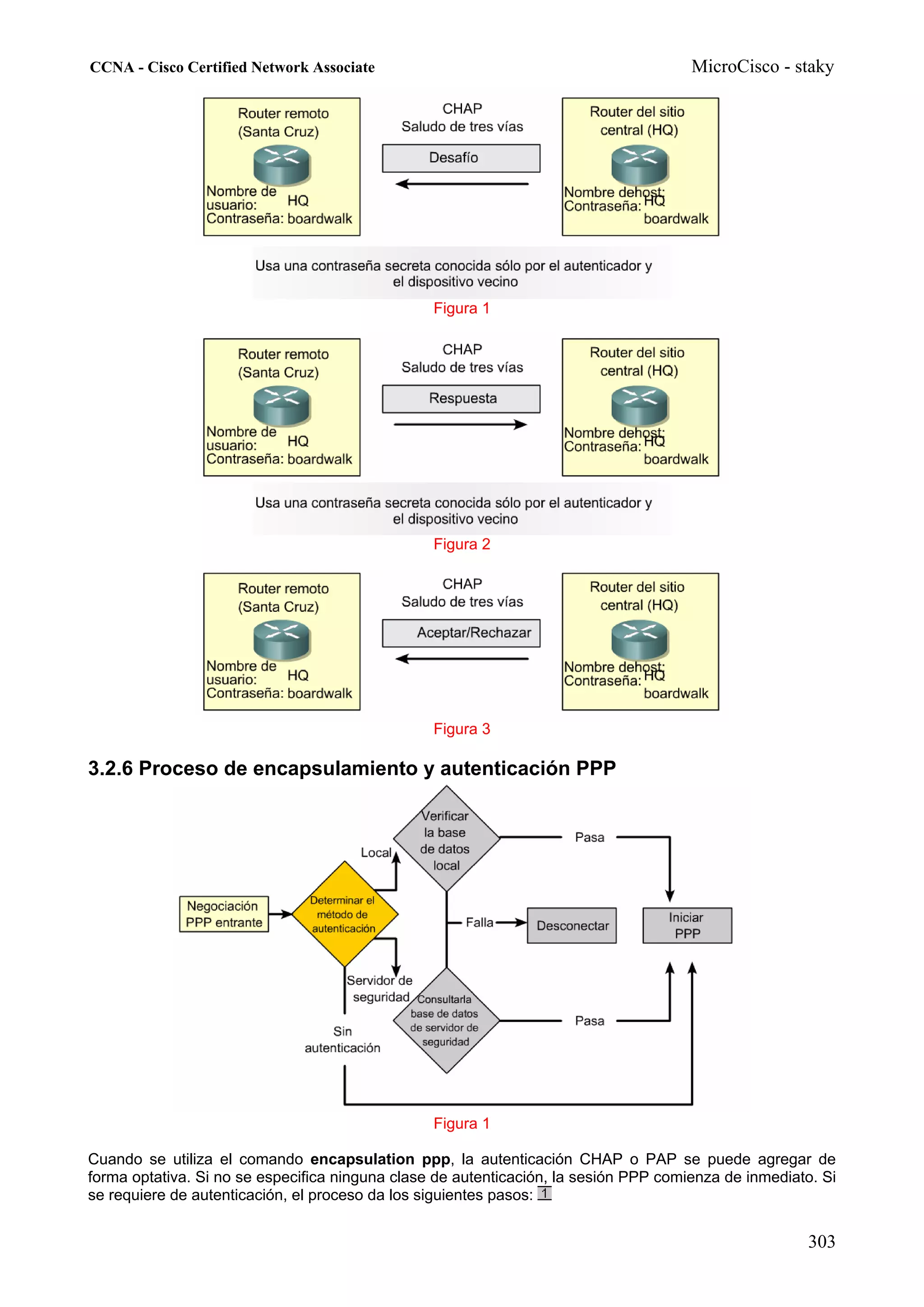 CCNA - Cisco Certified Network Associate                                              MicroCisco - staky




                                                 Figura 1




                                                 Figura 2




                                                 Figura 3

3.2.6 Proceso de encapsulamiento y autenticación PPP




                                                 Figura 1

Cuando se utiliza el comando encapsulation ppp, la autenticación CHAP o PAP se puede agregar de
forma optativa. Si no se especifica ninguna clase de autenticación, la sesión PPP comienza de inmediato. Si
se requiere de autenticación, el proceso da los siguientes pasos:


                                                                                                       303
 