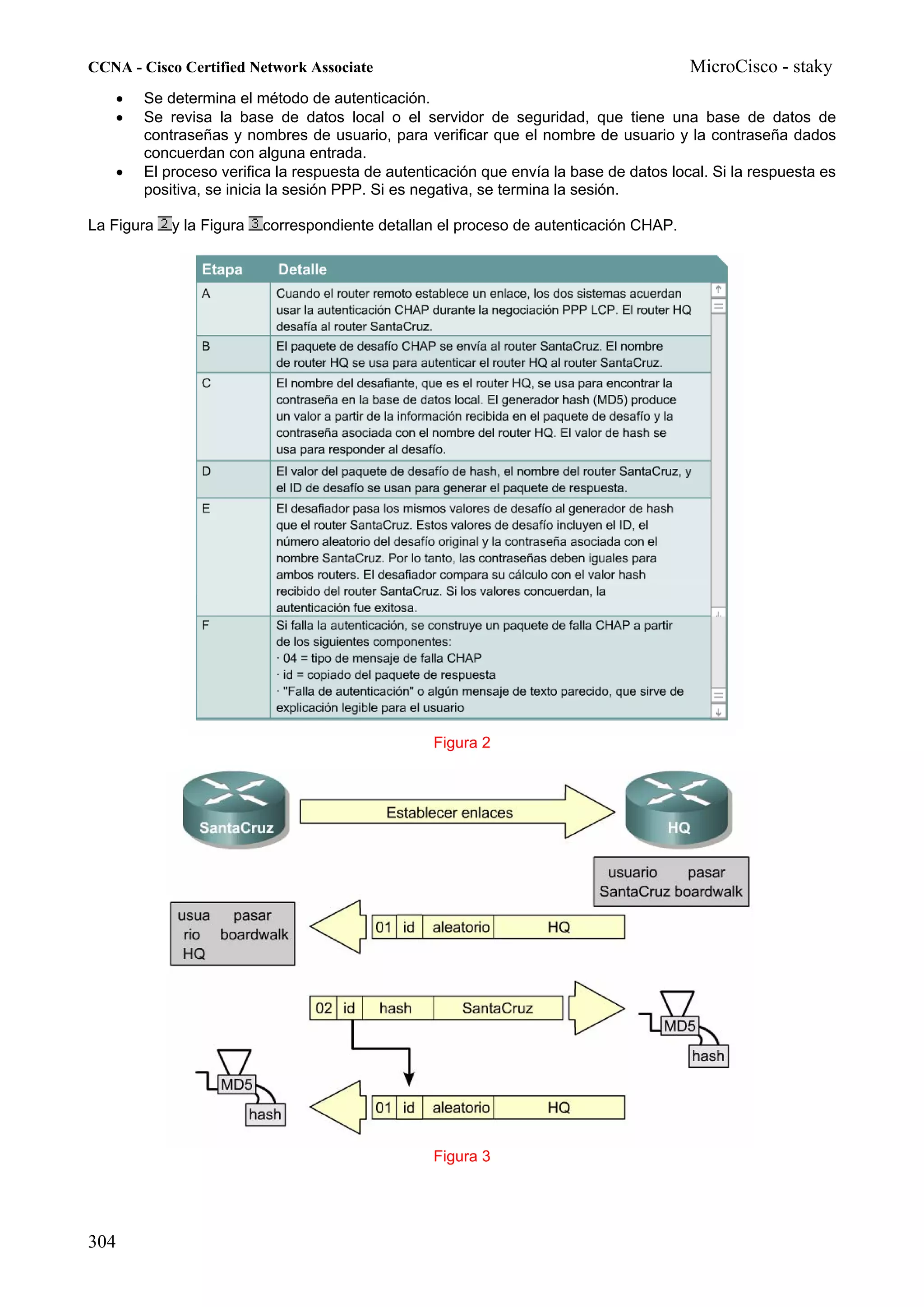 CCNA - Cisco Certified Network Associate                                               MicroCisco - staky
   •   Se determina el método de autenticación.
   •   Se revisa la base de datos local o el servidor de seguridad, que tiene una base de datos de
       contraseñas y nombres de usuario, para verificar que el nombre de usuario y la contraseña dados
       concuerdan con alguna entrada.
   •   El proceso verifica la respuesta de autenticación que envía la base de datos local. Si la respuesta es
       positiva, se inicia la sesión PPP. Si es negativa, se termina la sesión.

La Figura   y la Figura   correspondiente detallan el proceso de autenticación CHAP.




                                                 Figura 2




                                                 Figura 3




304
 