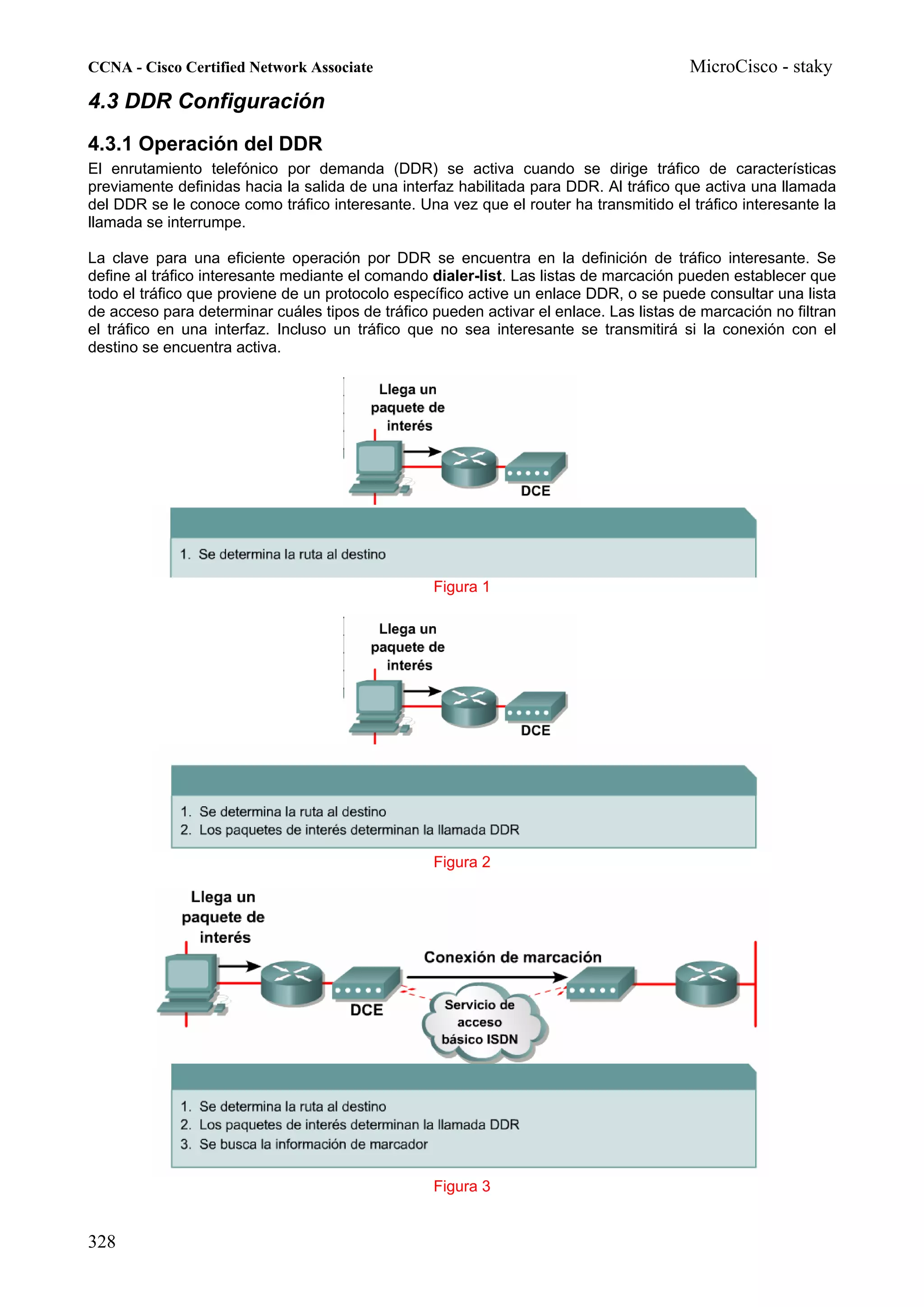CCNA - Cisco Certified Network Associate                                                MicroCisco - staky
4.3 DDR Configuración
4.3.1 Operación del DDR
El enrutamiento telefónico por demanda (DDR) se activa cuando se dirige tráfico de características
previamente definidas hacia la salida de una interfaz habilitada para DDR. Al tráfico que activa una llamada
del DDR se le conoce como tráfico interesante. Una vez que el router ha transmitido el tráfico interesante la
llamada se interrumpe.

La clave para una eficiente operación por DDR se encuentra en la definición de tráfico interesante. Se
define al tráfico interesante mediante el comando dialer-list. Las listas de marcación pueden establecer que
todo el tráfico que proviene de un protocolo específico active un enlace DDR, o se puede consultar una lista
de acceso para determinar cuáles tipos de tráfico pueden activar el enlace. Las listas de marcación no filtran
el tráfico en una interfaz. Incluso un tráfico que no sea interesante se transmitirá si la conexión con el
destino se encuentra activa.




                                                  Figura 1




                                                  Figura 2




                                                  Figura 3


328
 