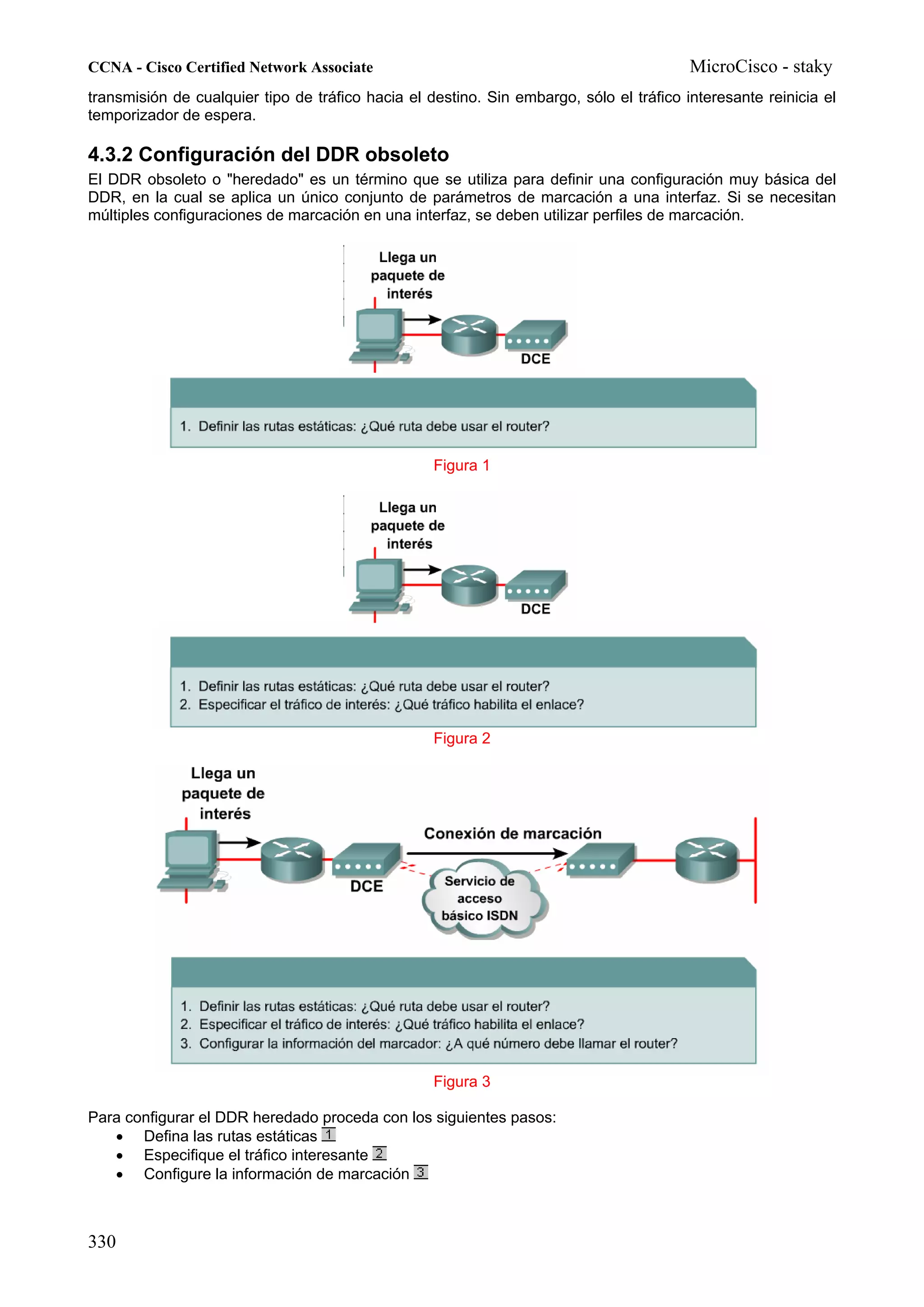 CCNA - Cisco Certified Network Associate                                                 MicroCisco - staky
transmisión de cualquier tipo de tráfico hacia el destino. Sin embargo, sólo el tráfico interesante reinicia el
temporizador de espera.

4.3.2 Configuración del DDR obsoleto
El DDR obsoleto o "heredado" es un término que se utiliza para definir una configuración muy básica del
DDR, en la cual se aplica un único conjunto de parámetros de marcación a una interfaz. Si se necesitan
múltiples configuraciones de marcación en una interfaz, se deben utilizar perfiles de marcación.




                                                   Figura 1




                                                   Figura 2




                                                   Figura 3

Para configurar el DDR heredado proceda con los siguientes pasos:
   • Defina las rutas estáticas
   • Especifique el tráfico interesante
   • Configure la información de marcación



330
 