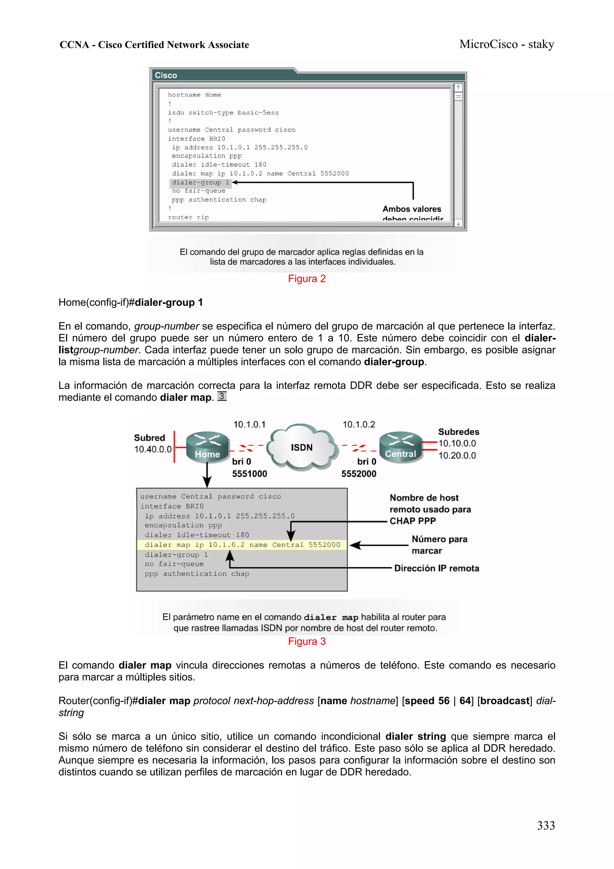 CCNA - Cisco Certified Network Associate                                            MicroCisco - staky




                                                Figura 2

Home(config-if)#dialer-group 1

En el comando, group-number se especifica el número del grupo de marcación al que pertenece la interfaz.
El número del grupo puede ser un número entero de 1 a 10. Este número debe coincidir con el dialer-
listgroup-number. Cada interfaz puede tener un solo grupo de marcación. Sin embargo, es posible asignar
la misma lista de marcación a múltiples interfaces con el comando dialer-group.

La información de marcación correcta para la interfaz remota DDR debe ser especificada. Esto se realiza
mediante el comando dialer map.




                                                Figura 3

El comando dialer map vincula direcciones remotas a números de teléfono. Este comando es necesario
para marcar a múltiples sitios.

Router(config-if)#dialer map protocol next-hop-address [name hostname] [speed 56 | 64] [broadcast] dial-
string

Si sólo se marca a un único sitio, utilice un comando incondicional dialer string que siempre marca el
mismo número de teléfono sin considerar el destino del tráfico. Este paso sólo se aplica al DDR heredado.
Aunque siempre es necesaria la información, los pasos para configurar la información sobre el destino son
distintos cuando se utilizan perfiles de marcación en lugar de DDR heredado.




                                                                                                     333
 