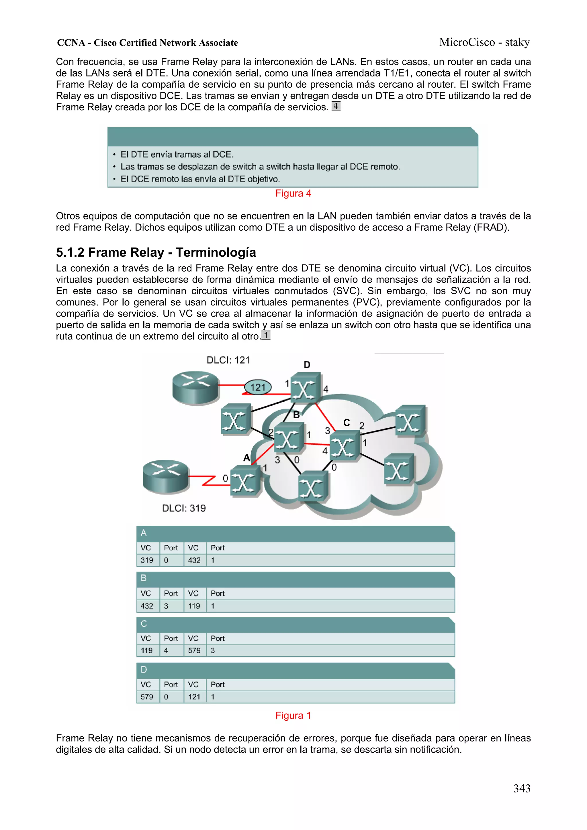 CCNA - Cisco Certified Network Associate                                               MicroCisco - staky
Con frecuencia, se usa Frame Relay para la interconexión de LANs. En estos casos, un router en cada una
de las LANs será el DTE. Una conexión serial, como una línea arrendada T1/E1, conecta el router al switch
Frame Relay de la compañía de servicio en su punto de presencia más cercano al router. El switch Frame
Relay es un dispositivo DCE. Las tramas se envian y entregan desde un DTE a otro DTE utilizando la red de
Frame Relay creada por los DCE de la compañía de servicios.




                                                 Figura 4

Otros equipos de computación que no se encuentren en la LAN pueden también enviar datos a través de la
red Frame Relay. Dichos equipos utilizan como DTE a un dispositivo de acceso a Frame Relay (FRAD).

5.1.2 Frame Relay - Terminología
La conexión a través de la red Frame Relay entre dos DTE se denomina circuito virtual (VC). Los circuitos
virtuales pueden establecerse de forma dinámica mediante el envío de mensajes de señalización a la red.
En este caso se denominan circuitos virtuales conmutados (SVC). Sin embargo, los SVC no son muy
comunes. Por lo general se usan circuitos virtuales permanentes (PVC), previamente configurados por la
compañía de servicios. Un VC se crea al almacenar la información de asignación de puerto de entrada a
puerto de salida en la memoria de cada switch y así se enlaza un switch con otro hasta que se identifica una
ruta continua de un extremo del circuito al otro.




                                                 Figura 1

Frame Relay no tiene mecanismos de recuperación de errores, porque fue diseñada para operar en líneas
digitales de alta calidad. Si un nodo detecta un error en la trama, se descarta sin notificación.


                                                                                                       343
 