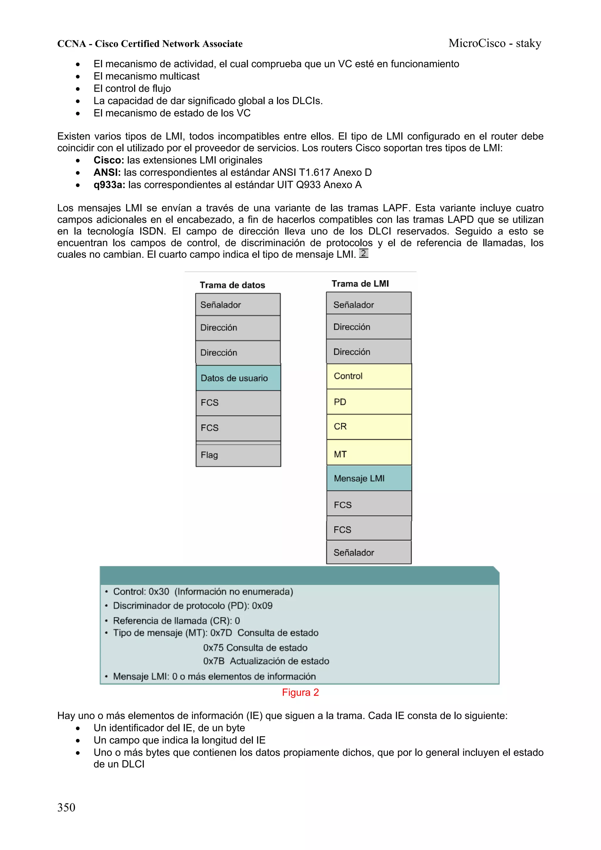 CCNA - Cisco Certified Network Associate                                             MicroCisco - staky
   •   El mecanismo de actividad, el cual comprueba que un VC esté en funcionamiento
   •   El mecanismo multicast
   •   El control de flujo
   •   La capacidad de dar significado global a los DLCIs.
   •   El mecanismo de estado de los VC

Existen varios tipos de LMI, todos incompatibles entre ellos. El tipo de LMI configurado en el router debe
coincidir con el utilizado por el proveedor de servicios. Los routers Cisco soportan tres tipos de LMI:
    • Cisco: las extensiones LMI originales
    • ANSI: las correspondientes al estándar ANSI T1.617 Anexo D
    • q933a: las correspondientes al estándar UIT Q933 Anexo A

Los mensajes LMI se envían a través de una variante de las tramas LAPF. Esta variante incluye cuatro
campos adicionales en el encabezado, a fin de hacerlos compatibles con las tramas LAPD que se utilizan
en la tecnología ISDN. El campo de dirección lleva uno de los DLCI reservados. Seguido a esto se
encuentran los campos de control, de discriminación de protocolos y el de referencia de llamadas, los
cuales no cambian. El cuarto campo indica el tipo de mensaje LMI.




                                                Figura 2

Hay uno o más elementos de información (IE) que siguen a la trama. Cada IE consta de lo siguiente:
   • Un identificador del IE, de un byte
   • Un campo que indica la longitud del IE
   • Uno o más bytes que contienen los datos propiamente dichos, que por lo general incluyen el estado
       de un DLCI



350
 