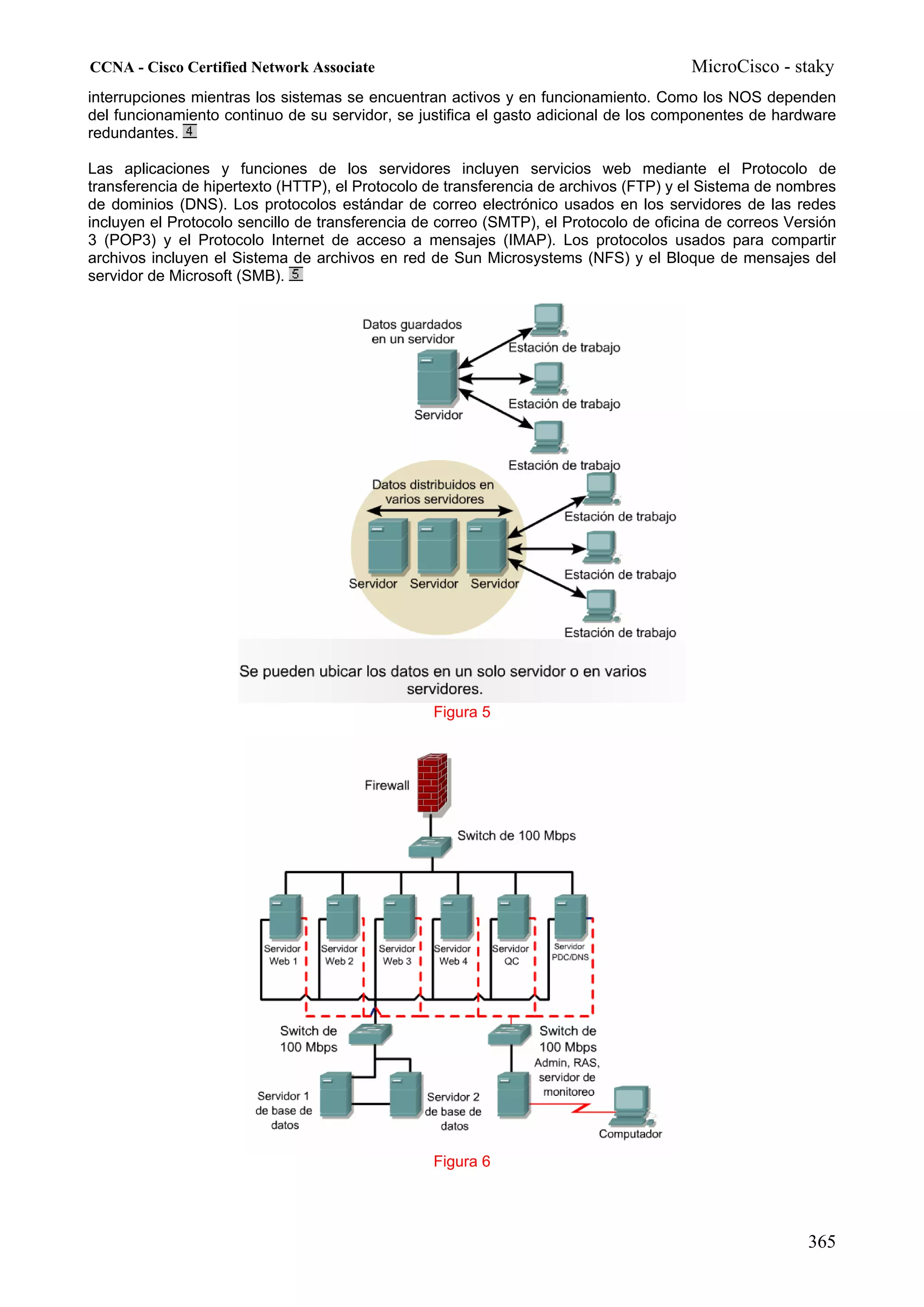 CCNA - Cisco Certified Network Associate                                               MicroCisco - staky
interrupciones mientras los sistemas se encuentran activos y en funcionamiento. Como los NOS dependen
del funcionamiento continuo de su servidor, se justifica el gasto adicional de los componentes de hardware
redundantes.

Las aplicaciones y funciones de los servidores incluyen servicios web mediante el Protocolo de
transferencia de hipertexto (HTTP), el Protocolo de transferencia de archivos (FTP) y el Sistema de nombres
de dominios (DNS). Los protocolos estándar de correo electrónico usados en los servidores de las redes
incluyen el Protocolo sencillo de transferencia de correo (SMTP), el Protocolo de oficina de correos Versión
3 (POP3) y el Protocolo Internet de acceso a mensajes (IMAP). Los protocolos usados para compartir
archivos incluyen el Sistema de archivos en red de Sun Microsystems (NFS) y el Bloque de mensajes del
servidor de Microsoft (SMB).




                                                 Figura 5




                                                 Figura 6




                                                                                                       365
 