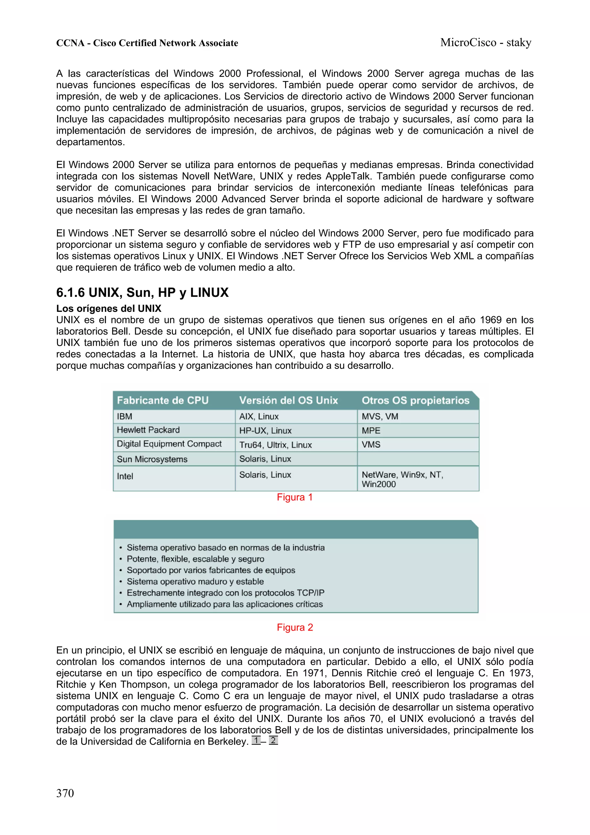 CCNA - Cisco Certified Network Associate                                               MicroCisco - staky

A las características del Windows 2000 Professional, el Windows 2000 Server agrega muchas de las
nuevas funciones específicas de los servidores. También puede operar como servidor de archivos, de
impresión, de web y de aplicaciones. Los Servicios de directorio activo de Windows 2000 Server funcionan
como punto centralizado de administración de usuarios, grupos, servicios de seguridad y recursos de red.
Incluye las capacidades multipropósito necesarias para grupos de trabajo y sucursales, así como para la
implementación de servidores de impresión, de archivos, de páginas web y de comunicación a nivel de
departamentos.

El Windows 2000 Server se utiliza para entornos de pequeñas y medianas empresas. Brinda conectividad
integrada con los sistemas Novell NetWare, UNIX y redes AppleTalk. También puede configurarse como
servidor de comunicaciones para brindar servicios de interconexión mediante líneas telefónicas para
usuarios móviles. El Windows 2000 Advanced Server brinda el soporte adicional de hardware y software
que necesitan las empresas y las redes de gran tamaño.

El Windows .NET Server se desarrolló sobre el núcleo del Windows 2000 Server, pero fue modificado para
proporcionar un sistema seguro y confiable de servidores web y FTP de uso empresarial y así competir con
los sistemas operativos Linux y UNIX. El Windows .NET Server Ofrece los Servicios Web XML a compañías
que requieren de tráfico web de volumen medio a alto.

6.1.6 UNIX, Sun, HP y LINUX
Los orígenes del UNIX
UNIX es el nombre de un grupo de sistemas operativos que tienen sus orígenes en el año 1969 en los
laboratorios Bell. Desde su concepción, el UNIX fue diseñado para soportar usuarios y tareas múltiples. El
UNIX también fue uno de los primeros sistemas operativos que incorporó soporte para los protocolos de
redes conectadas a la Internet. La historia de UNIX, que hasta hoy abarca tres décadas, es complicada
porque muchas compañías y organizaciones han contribuido a su desarrollo.




                                                  Figura 1




                                                  Figura 2

En un principio, el UNIX se escribió en lenguaje de máquina, un conjunto de instrucciones de bajo nivel que
controlan los comandos internos de una computadora en particular. Debido a ello, el UNIX sólo podía
ejecutarse en un tipo específico de computadora. En 1971, Dennis Ritchie creó el lenguaje C. En 1973,
Ritchie y Ken Thompson, un colega programador de los laboratorios Bell, reescribieron los programas del
sistema UNIX en lenguaje C. Como C era un lenguaje de mayor nivel, el UNIX pudo trasladarse a otras
computadoras con mucho menor esfuerzo de programación. La decisión de desarrollar un sistema operativo
portátil probó ser la clave para el éxito del UNIX. Durante los años 70, el UNIX evolucionó a través del
trabajo de los programadores de los laboratorios Bell y de los de distintas universidades, principalmente los
de la Universidad de California en Berkeley. –




370
 