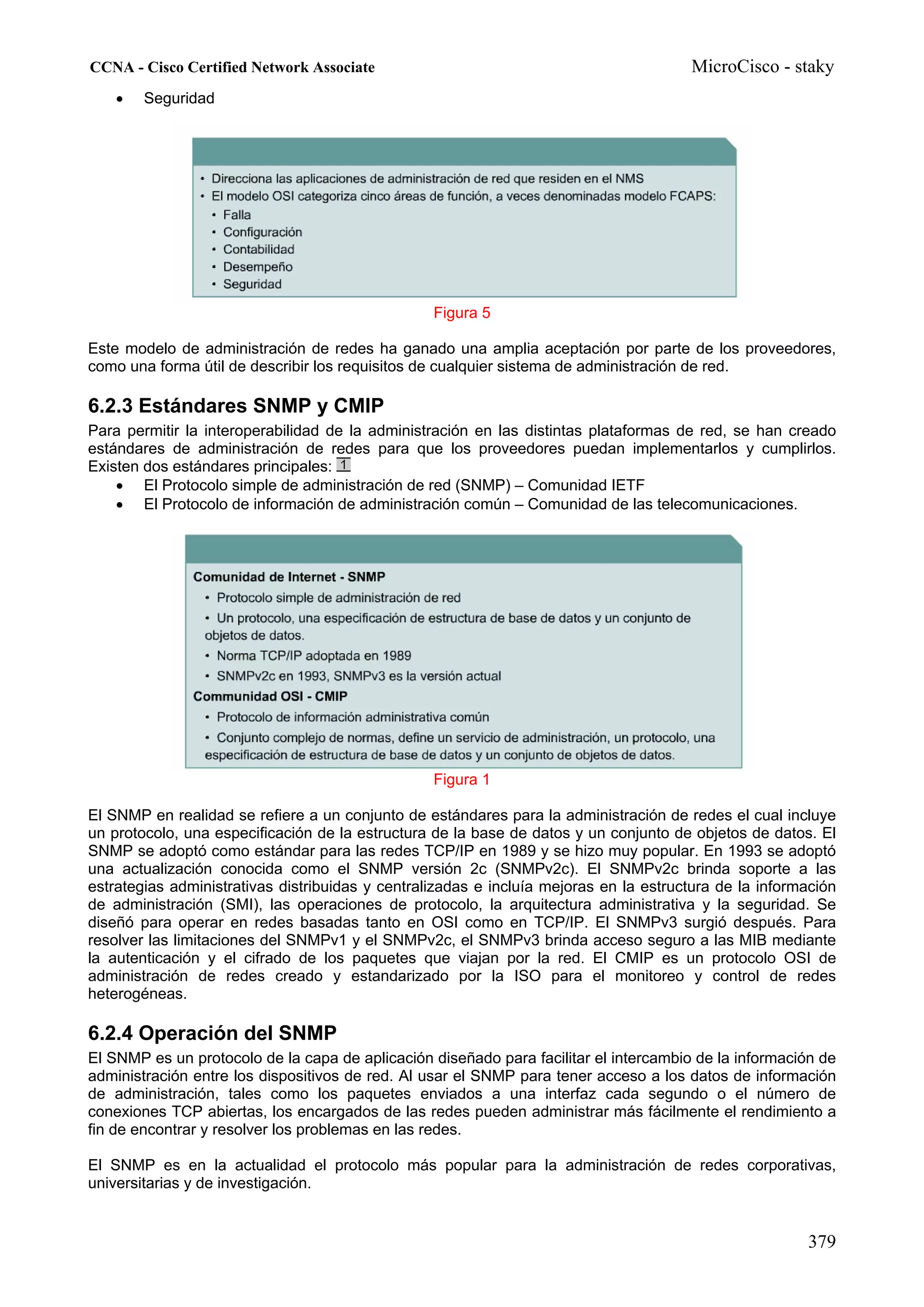 CCNA - Cisco Certified Network Associate                                               MicroCisco - staky
    •   Seguridad




                                                  Figura 5

Este modelo de administración de redes ha ganado una amplia aceptación por parte de los proveedores,
como una forma útil de describir los requisitos de cualquier sistema de administración de red.

6.2.3 Estándares SNMP y CMIP
Para permitir la interoperabilidad de la administración en las distintas plataformas de red, se han creado
estándares de administración de redes para que los proveedores puedan implementarlos y cumplirlos.
Existen dos estándares principales:
    • El Protocolo simple de administración de red (SNMP) – Comunidad IETF
    • El Protocolo de información de administración común – Comunidad de las telecomunicaciones.




                                                  Figura 1

El SNMP en realidad se refiere a un conjunto de estándares para la administración de redes el cual incluye
un protocolo, una especificación de la estructura de la base de datos y un conjunto de objetos de datos. El
SNMP se adoptó como estándar para las redes TCP/IP en 1989 y se hizo muy popular. En 1993 se adoptó
una actualización conocida como el SNMP versión 2c (SNMPv2c). El SNMPv2c brinda soporte a las
estrategias administrativas distribuidas y centralizadas e incluía mejoras en la estructura de la información
de administración (SMI), las operaciones de protocolo, la arquitectura administrativa y la seguridad. Se
diseñó para operar en redes basadas tanto en OSI como en TCP/IP. El SNMPv3 surgió después. Para
resolver las limitaciones del SNMPv1 y el SNMPv2c, el SNMPv3 brinda acceso seguro a las MIB mediante
la autenticación y el cifrado de los paquetes que viajan por la red. El CMIP es un protocolo OSI de
administración de redes creado y estandarizado por la ISO para el monitoreo y control de redes
heterogéneas.

6.2.4 Operación del SNMP
El SNMP es un protocolo de la capa de aplicación diseñado para facilitar el intercambio de la información de
administración entre los dispositivos de red. Al usar el SNMP para tener acceso a los datos de información
de administración, tales como los paquetes enviados a una interfaz cada segundo o el número de
conexiones TCP abiertas, los encargados de las redes pueden administrar más fácilmente el rendimiento a
fin de encontrar y resolver los problemas en las redes.

El SNMP es en la actualidad el protocolo más popular para la administración de redes corporativas,
universitarias y de investigación.


                                                                                                        379
 
