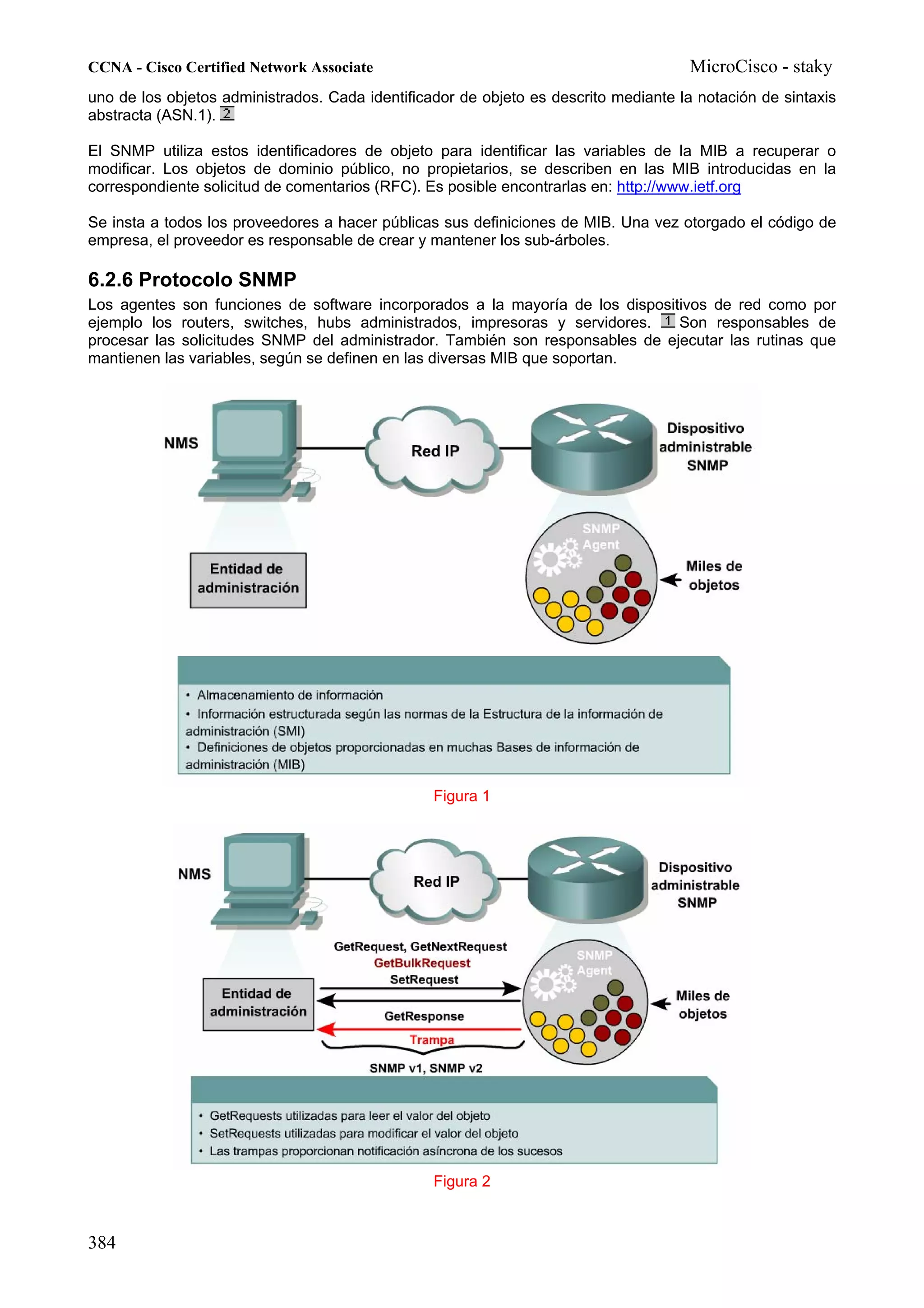 CCNA - Cisco Certified Network Associate                                              MicroCisco - staky
uno de los objetos administrados. Cada identificador de objeto es descrito mediante la notación de sintaxis
abstracta (ASN.1).

El SNMP utiliza estos identificadores de objeto para identificar las variables de la MIB a recuperar o
modificar. Los objetos de dominio público, no propietarios, se describen en las MIB introducidas en la
correspondiente solicitud de comentarios (RFC). Es posible encontrarlas en: http://www.ietf.org

Se insta a todos los proveedores a hacer públicas sus definiciones de MIB. Una vez otorgado el código de
empresa, el proveedor es responsable de crear y mantener los sub-árboles.

6.2.6 Protocolo SNMP
Los agentes son funciones de software incorporados a la mayoría de los dispositivos de red como por
ejemplo los routers, switches, hubs administrados, impresoras y servidores.    Son responsables de
procesar las solicitudes SNMP del administrador. También son responsables de ejecutar las rutinas que
mantienen las variables, según se definen en las diversas MIB que soportan.




                                                 Figura 1




                                                 Figura 2


384
 