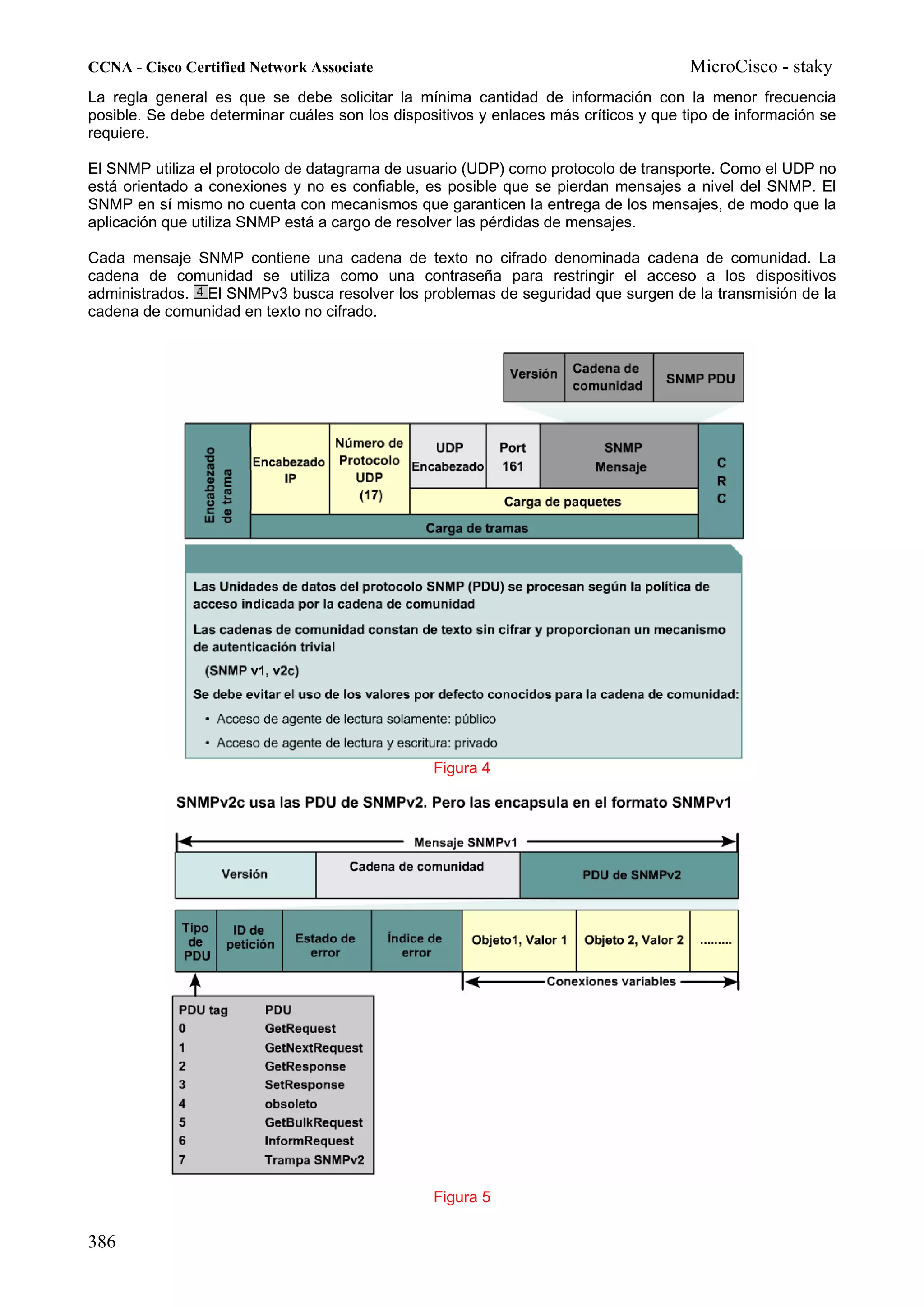 CCNA - Cisco Certified Network Associate                                              MicroCisco - staky
La regla general es que se debe solicitar la mínima cantidad de información con la menor frecuencia
posible. Se debe determinar cuáles son los dispositivos y enlaces más críticos y que tipo de información se
requiere.

El SNMP utiliza el protocolo de datagrama de usuario (UDP) como protocolo de transporte. Como el UDP no
está orientado a conexiones y no es confiable, es posible que se pierdan mensajes a nivel del SNMP. El
SNMP en sí mismo no cuenta con mecanismos que garanticen la entrega de los mensajes, de modo que la
aplicación que utiliza SNMP está a cargo de resolver las pérdidas de mensajes.

Cada mensaje SNMP contiene una cadena de texto no cifrado denominada cadena de comunidad. La
cadena de comunidad se utiliza como una contraseña para restringir el acceso a los dispositivos
administrados. El SNMPv3 busca resolver los problemas de seguridad que surgen de la transmisión de la
cadena de comunidad en texto no cifrado.




                                                 Figura 4




                                                 Figura 5

386
 