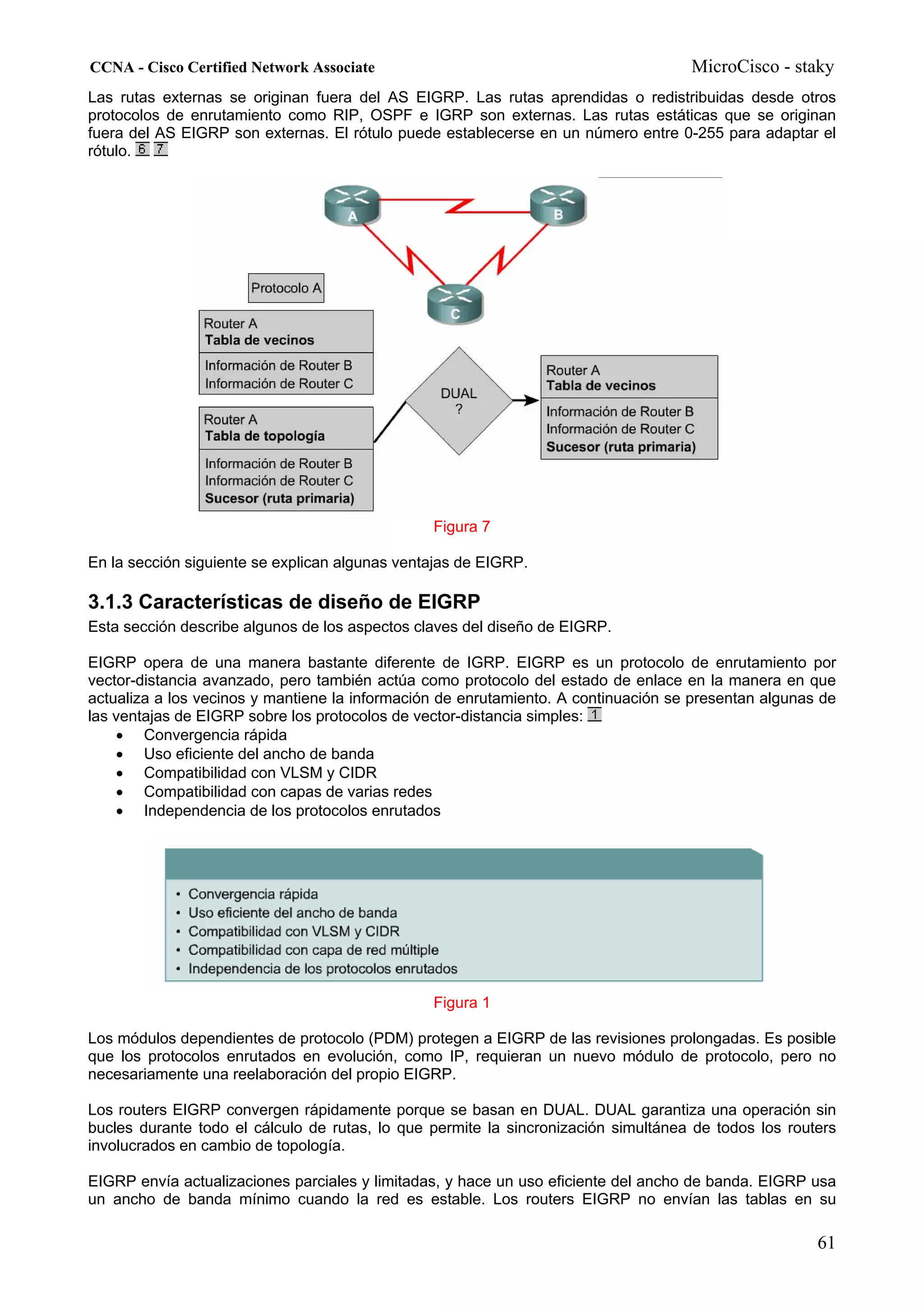 CCNA - Cisco Certified Network Associate                                            MicroCisco - staky
Las rutas externas se originan fuera del AS EIGRP. Las rutas aprendidas o redistribuidas desde otros
protocolos de enrutamiento como RIP, OSPF e IGRP son externas. Las rutas estáticas que se originan
fuera del AS EIGRP son externas. El rótulo puede establecerse en un número entre 0-255 para adaptar el
rótulo.




                                                Figura 7

En la sección siguiente se explican algunas ventajas de EIGRP.

3.1.3 Características de diseño de EIGRP
Esta sección describe algunos de los aspectos claves del diseño de EIGRP.

EIGRP opera de una manera bastante diferente de IGRP. EIGRP es un protocolo de enrutamiento por
vector-distancia avanzado, pero también actúa como protocolo del estado de enlace en la manera en que
actualiza a los vecinos y mantiene la información de enrutamiento. A continuación se presentan algunas de
las ventajas de EIGRP sobre los protocolos de vector-distancia simples:
    • Convergencia rápida
    • Uso eficiente del ancho de banda
    • Compatibilidad con VLSM y CIDR
    • Compatibilidad con capas de varias redes
    • Independencia de los protocolos enrutados




                                                Figura 1

Los módulos dependientes de protocolo (PDM) protegen a EIGRP de las revisiones prolongadas. Es posible
que los protocolos enrutados en evolución, como IP, requieran un nuevo módulo de protocolo, pero no
necesariamente una reelaboración del propio EIGRP.

Los routers EIGRP convergen rápidamente porque se basan en DUAL. DUAL garantiza una operación sin
bucles durante todo el cálculo de rutas, lo que permite la sincronización simultánea de todos los routers
involucrados en cambio de topología.

EIGRP envía actualizaciones parciales y limitadas, y hace un uso eficiente del ancho de banda. EIGRP usa
un ancho de banda mínimo cuando la red es estable. Los routers EIGRP no envían las tablas en su

                                                                                                      61
 
