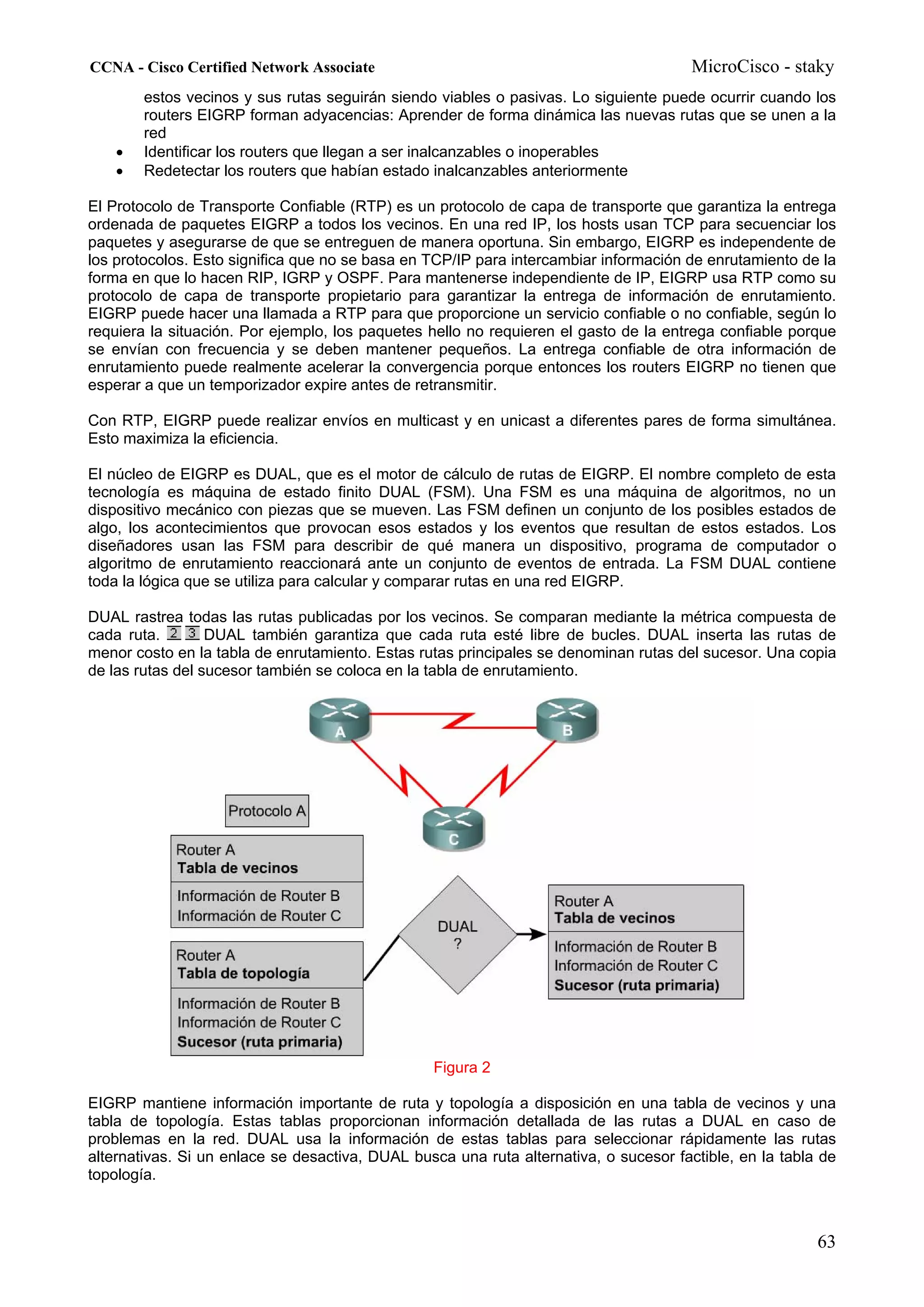 CCNA - Cisco Certified Network Associate                                               MicroCisco - staky
        estos vecinos y sus rutas seguirán siendo viables o pasivas. Lo siguiente puede ocurrir cuando los
        routers EIGRP forman adyacencias: Aprender de forma dinámica las nuevas rutas que se unen a la
        red
    •   Identificar los routers que llegan a ser inalcanzables o inoperables
    •   Redetectar los routers que habían estado inalcanzables anteriormente

El Protocolo de Transporte Confiable (RTP) es un protocolo de capa de transporte que garantiza la entrega
ordenada de paquetes EIGRP a todos los vecinos. En una red IP, los hosts usan TCP para secuenciar los
paquetes y asegurarse de que se entreguen de manera oportuna. Sin embargo, EIGRP es independente de
los protocolos. Esto significa que no se basa en TCP/IP para intercambiar información de enrutamiento de la
forma en que lo hacen RIP, IGRP y OSPF. Para mantenerse independiente de IP, EIGRP usa RTP como su
protocolo de capa de transporte propietario para garantizar la entrega de información de enrutamiento.
EIGRP puede hacer una llamada a RTP para que proporcione un servicio confiable o no confiable, según lo
requiera la situación. Por ejemplo, los paquetes hello no requieren el gasto de la entrega confiable porque
se envían con frecuencia y se deben mantener pequeños. La entrega confiable de otra información de
enrutamiento puede realmente acelerar la convergencia porque entonces los routers EIGRP no tienen que
esperar a que un temporizador expire antes de retransmitir.

Con RTP, EIGRP puede realizar envíos en multicast y en unicast a diferentes pares de forma simultánea.
Esto maximiza la eficiencia.

El núcleo de EIGRP es DUAL, que es el motor de cálculo de rutas de EIGRP. El nombre completo de esta
tecnología es máquina de estado finito DUAL (FSM). Una FSM es una máquina de algoritmos, no un
dispositivo mecánico con piezas que se mueven. Las FSM definen un conjunto de los posibles estados de
algo, los acontecimientos que provocan esos estados y los eventos que resultan de estos estados. Los
diseñadores usan las FSM para describir de qué manera un dispositivo, programa de computador o
algoritmo de enrutamiento reaccionará ante un conjunto de eventos de entrada. La FSM DUAL contiene
toda la lógica que se utiliza para calcular y comparar rutas en una red EIGRP.

DUAL rastrea todas las rutas publicadas por los vecinos. Se comparan mediante la métrica compuesta de
cada ruta.        DUAL también garantiza que cada ruta esté libre de bucles. DUAL inserta las rutas de
menor costo en la tabla de enrutamiento. Estas rutas principales se denominan rutas del sucesor. Una copia
de las rutas del sucesor también se coloca en la tabla de enrutamiento.




                                                 Figura 2

EIGRP mantiene información importante de ruta y topología a disposición en una tabla de vecinos y una
tabla de topología. Estas tablas proporcionan información detallada de las rutas a DUAL en caso de
problemas en la red. DUAL usa la información de estas tablas para seleccionar rápidamente las rutas
alternativas. Si un enlace se desactiva, DUAL busca una ruta alternativa, o sucesor factible, en la tabla de
topología.



                                                                                                         63
 