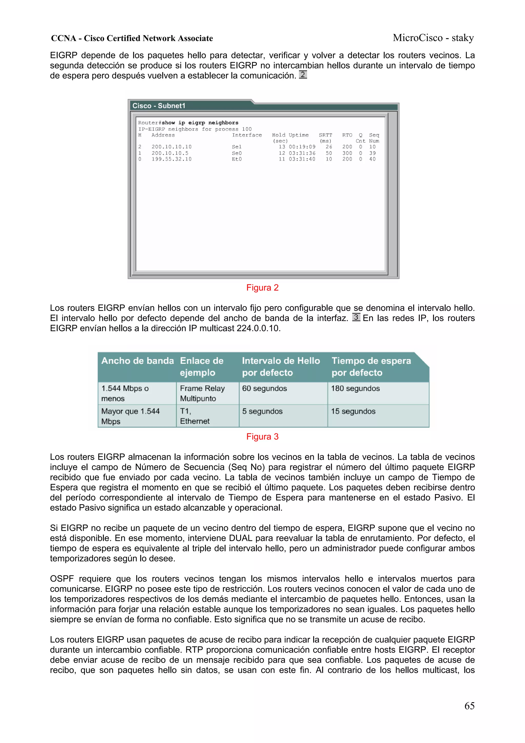 CCNA - Cisco Certified Network Associate                                              MicroCisco - staky
EIGRP depende de los paquetes hello para detectar, verificar y volver a detectar los routers vecinos. La
segunda detección se produce si los routers EIGRP no intercambian hellos durante un intervalo de tiempo
de espera pero después vuelven a establecer la comunicación.




                                                 Figura 2

Los routers EIGRP envían hellos con un intervalo fijo pero configurable que se denomina el intervalo hello.
El intervalo hello por defecto depende del ancho de banda de la interfaz.     En las redes IP, los routers
EIGRP envían hellos a la dirección IP multicast 224.0.0.10.




                                                 Figura 3

Los routers EIGRP almacenan la información sobre los vecinos en la tabla de vecinos. La tabla de vecinos
incluye el campo de Número de Secuencia (Seq No) para registrar el número del último paquete EIGRP
recibido que fue enviado por cada vecino. La tabla de vecinos también incluye un campo de Tiempo de
Espera que registra el momento en que se recibió el último paquete. Los paquetes deben recibirse dentro
del período correspondiente al intervalo de Tiempo de Espera para mantenerse en el estado Pasivo. El
estado Pasivo significa un estado alcanzable y operacional.

Si EIGRP no recibe un paquete de un vecino dentro del tiempo de espera, EIGRP supone que el vecino no
está disponible. En ese momento, interviene DUAL para reevaluar la tabla de enrutamiento. Por defecto, el
tiempo de espera es equivalente al triple del intervalo hello, pero un administrador puede configurar ambos
temporizadores según lo desee.

OSPF requiere que los routers vecinos tengan los mismos intervalos hello e intervalos muertos para
comunicarse. EIGRP no posee este tipo de restricción. Los routers vecinos conocen el valor de cada uno de
los temporizadores respectivos de los demás mediante el intercambio de paquetes hello. Entonces, usan la
información para forjar una relación estable aunque los temporizadores no sean iguales. Los paquetes hello
siempre se envían de forma no confiable. Esto significa que no se transmite un acuse de recibo.

Los routers EIGRP usan paquetes de acuse de recibo para indicar la recepción de cualquier paquete EIGRP
durante un intercambio confiable. RTP proporciona comunicación confiable entre hosts EIGRP. El receptor
debe enviar acuse de recibo de un mensaje recibido para que sea confiable. Los paquetes de acuse de
recibo, que son paquetes hello sin datos, se usan con este fin. Al contrario de los hellos multicast, los



                                                                                                        65
 