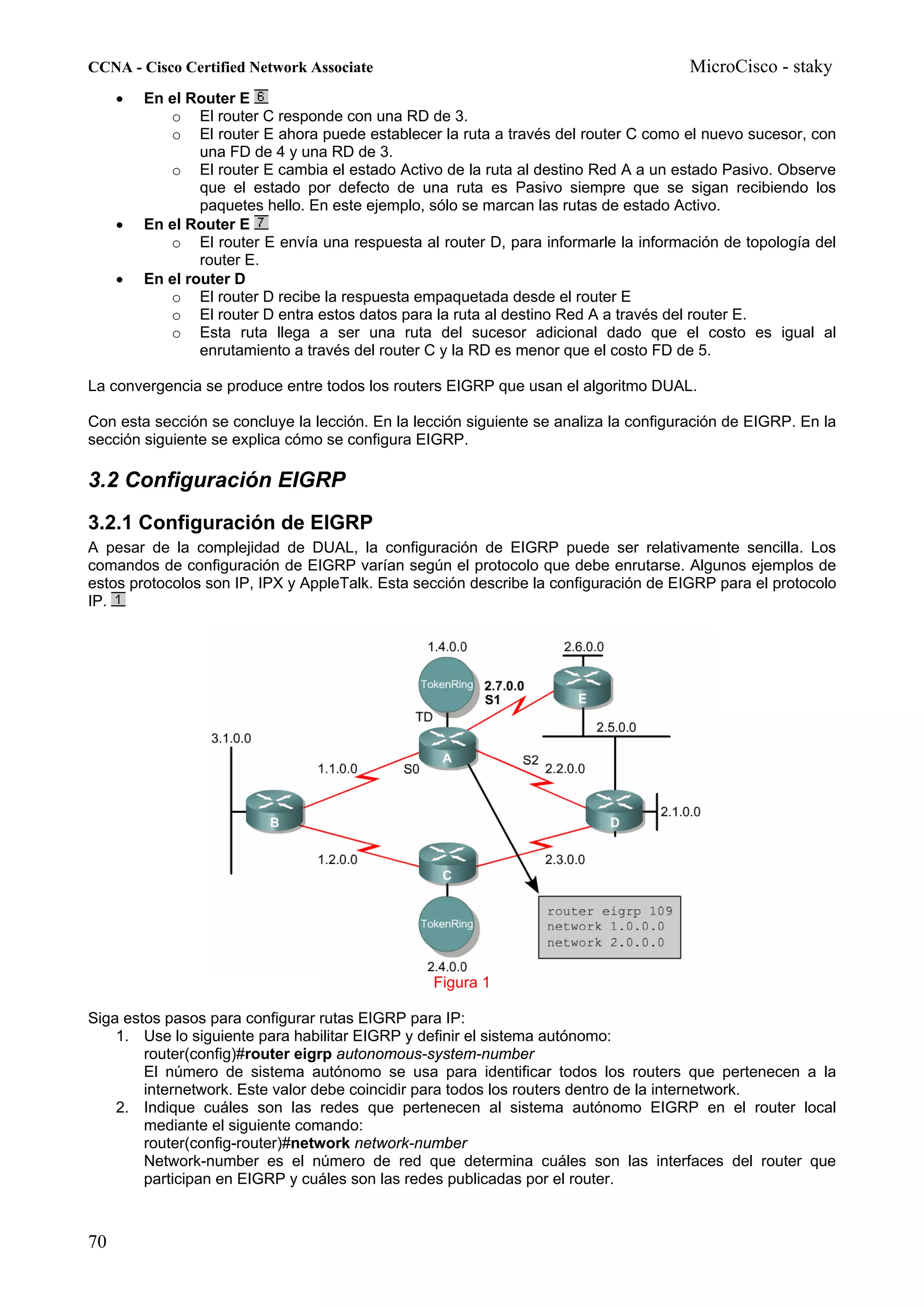 CCNA - Cisco Certified Network Associate                                              MicroCisco - staky
     •   En el Router E
            o El router C responde con una RD de 3.
            o El router E ahora puede establecer la ruta a través del router C como el nuevo sucesor, con
                 una FD de 4 y una RD de 3.
            o El router E cambia el estado Activo de la ruta al destino Red A a un estado Pasivo. Observe
                 que el estado por defecto de una ruta es Pasivo siempre que se sigan recibiendo los
                 paquetes hello. En este ejemplo, sólo se marcan las rutas de estado Activo.
     •   En el Router E
            o El router E envía una respuesta al router D, para informarle la información de topología del
                 router E.
     •   En el router D
            o El router D recibe la respuesta empaquetada desde el router E
            o El router D entra estos datos para la ruta al destino Red A a través del router E.
            o Esta ruta llega a ser una ruta del sucesor adicional dado que el costo es igual al
                 enrutamiento a través del router C y la RD es menor que el costo FD de 5.

La convergencia se produce entre todos los routers EIGRP que usan el algoritmo DUAL.

Con esta sección se concluye la lección. En la lección siguiente se analiza la configuración de EIGRP. En la
sección siguiente se explica cómo se configura EIGRP.

3.2 Configuración EIGRP
3.2.1 Configuración de EIGRP
A pesar de la complejidad de DUAL, la configuración de EIGRP puede ser relativamente sencilla. Los
comandos de configuración de EIGRP varían según el protocolo que debe enrutarse. Algunos ejemplos de
estos protocolos son IP, IPX y AppleTalk. Esta sección describe la configuración de EIGRP para el protocolo
IP.




                                                 Figura 1

Siga estos pasos para configurar rutas EIGRP para IP:
    1. Use lo siguiente para habilitar EIGRP y definir el sistema autónomo:
        router(config)#router eigrp autonomous-system-number
        El número de sistema autónomo se usa para identificar todos los routers que pertenecen a la
        internetwork. Este valor debe coincidir para todos los routers dentro de la internetwork.
    2. Indique cuáles son las redes que pertenecen al sistema autónomo EIGRP en el router local
        mediante el siguiente comando:
        router(config-router)#network network-number
        Network-number es el número de red que determina cuáles son las interfaces del router que
        participan en EIGRP y cuáles son las redes publicadas por el router.



70
 