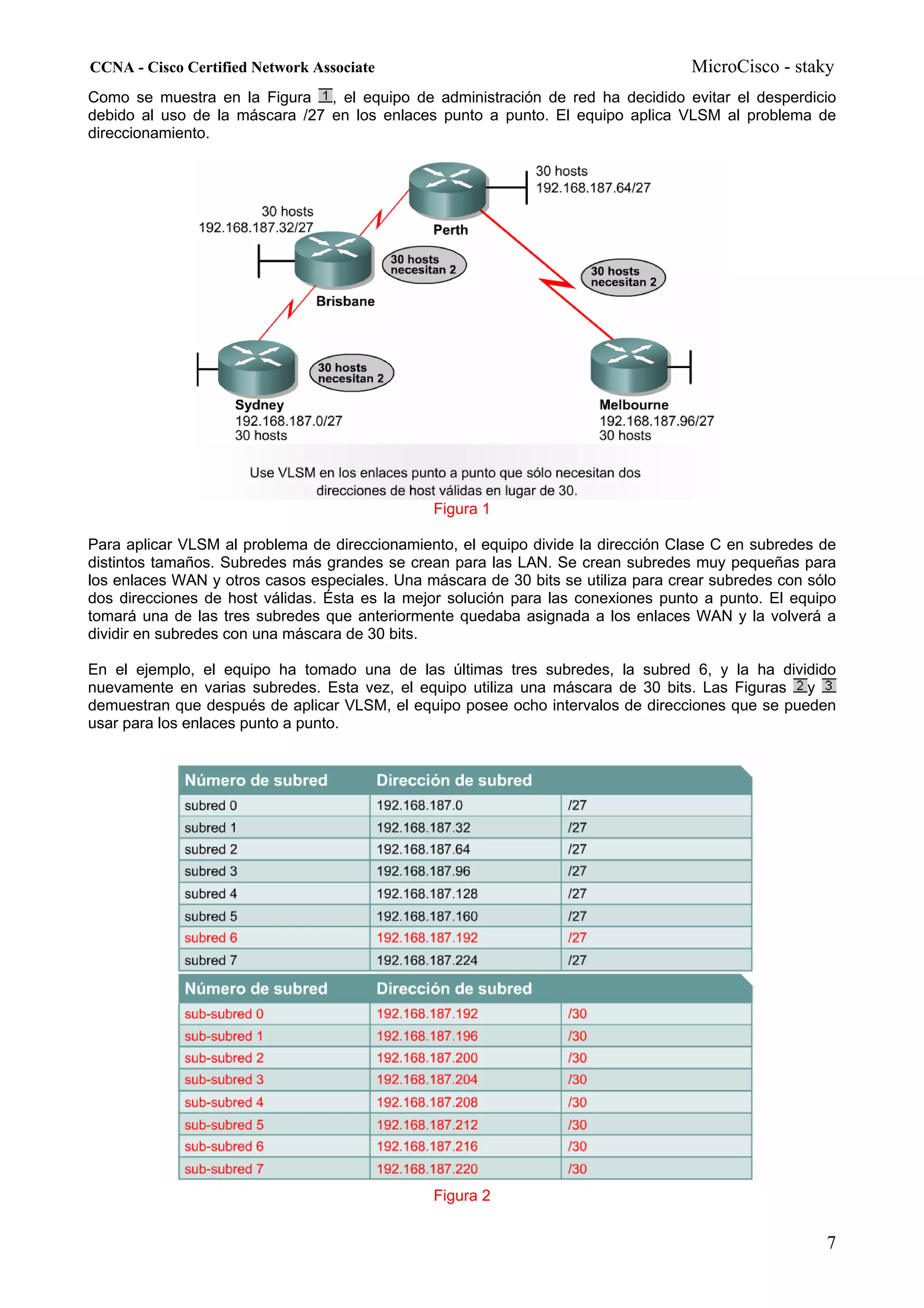 CCNA - Cisco Certified Network Associate                                           MicroCisco - staky
Como se muestra en la Figura , el equipo de administración de red ha decidido evitar el desperdicio
debido al uso de la máscara /27 en los enlaces punto a punto. El equipo aplica VLSM al problema de
direccionamiento.




                                                Figura 1

Para aplicar VLSM al problema de direccionamiento, el equipo divide la dirección Clase C en subredes de
distintos tamaños. Subredes más grandes se crean para las LAN. Se crean subredes muy pequeñas para
los enlaces WAN y otros casos especiales. Una máscara de 30 bits se utiliza para crear subredes con sólo
dos direcciones de host válidas. Ésta es la mejor solución para las conexiones punto a punto. El equipo
tomará una de las tres subredes que anteriormente quedaba asignada a los enlaces WAN y la volverá a
dividir en subredes con una máscara de 30 bits.

En el ejemplo, el equipo ha tomado una de las últimas tres subredes, la subred 6, y la ha dividido
nuevamente en varias subredes. Esta vez, el equipo utiliza una máscara de 30 bits. Las Figuras y
demuestran que después de aplicar VLSM, el equipo posee ocho intervalos de direcciones que se pueden
usar para los enlaces punto a punto.




                                                Figura 2


                                                                                                      7
 