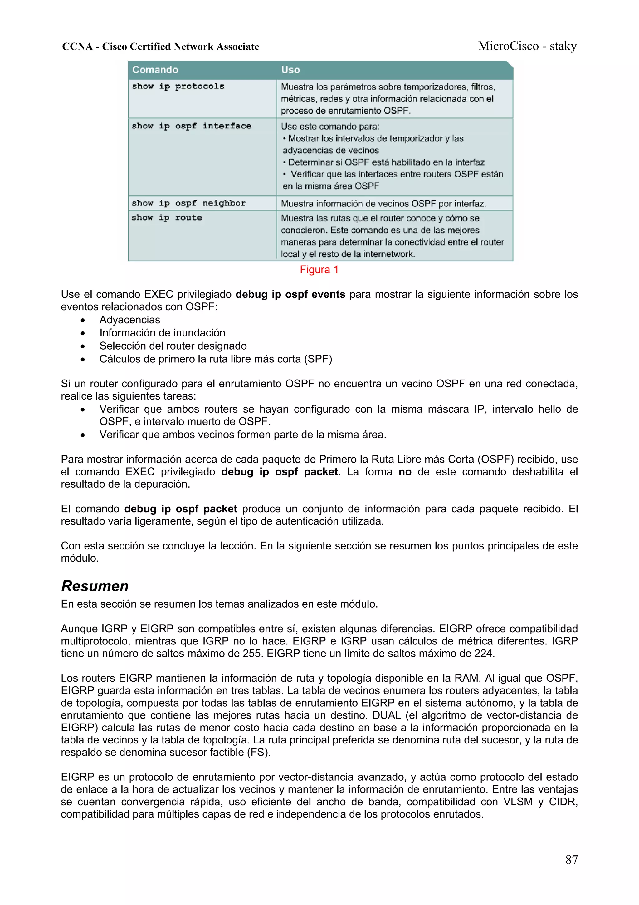 CCNA - Cisco Certified Network Associate                                                  MicroCisco - staky




                                                   Figura 1

Use el comando EXEC privilegiado debug ip ospf events para mostrar la siguiente información sobre los
eventos relacionados con OSPF:
   • Adyacencias
   • Información de inundación
   • Selección del router designado
   • Cálculos de primero la ruta libre más corta (SPF)

Si un router configurado para el enrutamiento OSPF no encuentra un vecino OSPF en una red conectada,
realice las siguientes tareas:
     • Verificar que ambos routers se hayan configurado con la misma máscara IP, intervalo hello de
         OSPF, e intervalo muerto de OSPF.
     • Verificar que ambos vecinos formen parte de la misma área.

Para mostrar información acerca de cada paquete de Primero la Ruta Libre más Corta (OSPF) recibido, use
el comando EXEC privilegiado debug ip ospf packet. La forma no de este comando deshabilita el
resultado de la depuración.

El comando debug ip ospf packet produce un conjunto de información para cada paquete recibido. El
resultado varía ligeramente, según el tipo de autenticación utilizada.

Con esta sección se concluye la lección. En la siguiente sección se resumen los puntos principales de este
módulo.

Resumen
En esta sección se resumen los temas analizados en este módulo.

Aunque IGRP y EIGRP son compatibles entre sí, existen algunas diferencias. EIGRP ofrece compatibilidad
multiprotocolo, mientras que IGRP no lo hace. EIGRP e IGRP usan cálculos de métrica diferentes. IGRP
tiene un número de saltos máximo de 255. EIGRP tiene un límite de saltos máximo de 224.

Los routers EIGRP mantienen la información de ruta y topología disponible en la RAM. Al igual que OSPF,
EIGRP guarda esta información en tres tablas. La tabla de vecinos enumera los routers adyacentes, la tabla
de topología, compuesta por todas las tablas de enrutamiento EIGRP en el sistema autónomo, y la tabla de
enrutamiento que contiene las mejores rutas hacia un destino. DUAL (el algoritmo de vector-distancia de
EIGRP) calcula las rutas de menor costo hacia cada destino en base a la información proporcionada en la
tabla de vecinos y la tabla de topología. La ruta principal preferida se denomina ruta del sucesor, y la ruta de
respaldo se denomina sucesor factible (FS).

EIGRP es un protocolo de enrutamiento por vector-distancia avanzado, y actúa como protocolo del estado
de enlace a la hora de actualizar los vecinos y mantener la información de enrutamiento. Entre las ventajas
se cuentan convergencia rápida, uso eficiente del ancho de banda, compatibilidad con VLSM y CIDR,
compatibilidad para múltiples capas de red e independencia de los protocolos enrutados.



                                                                                                             87
 