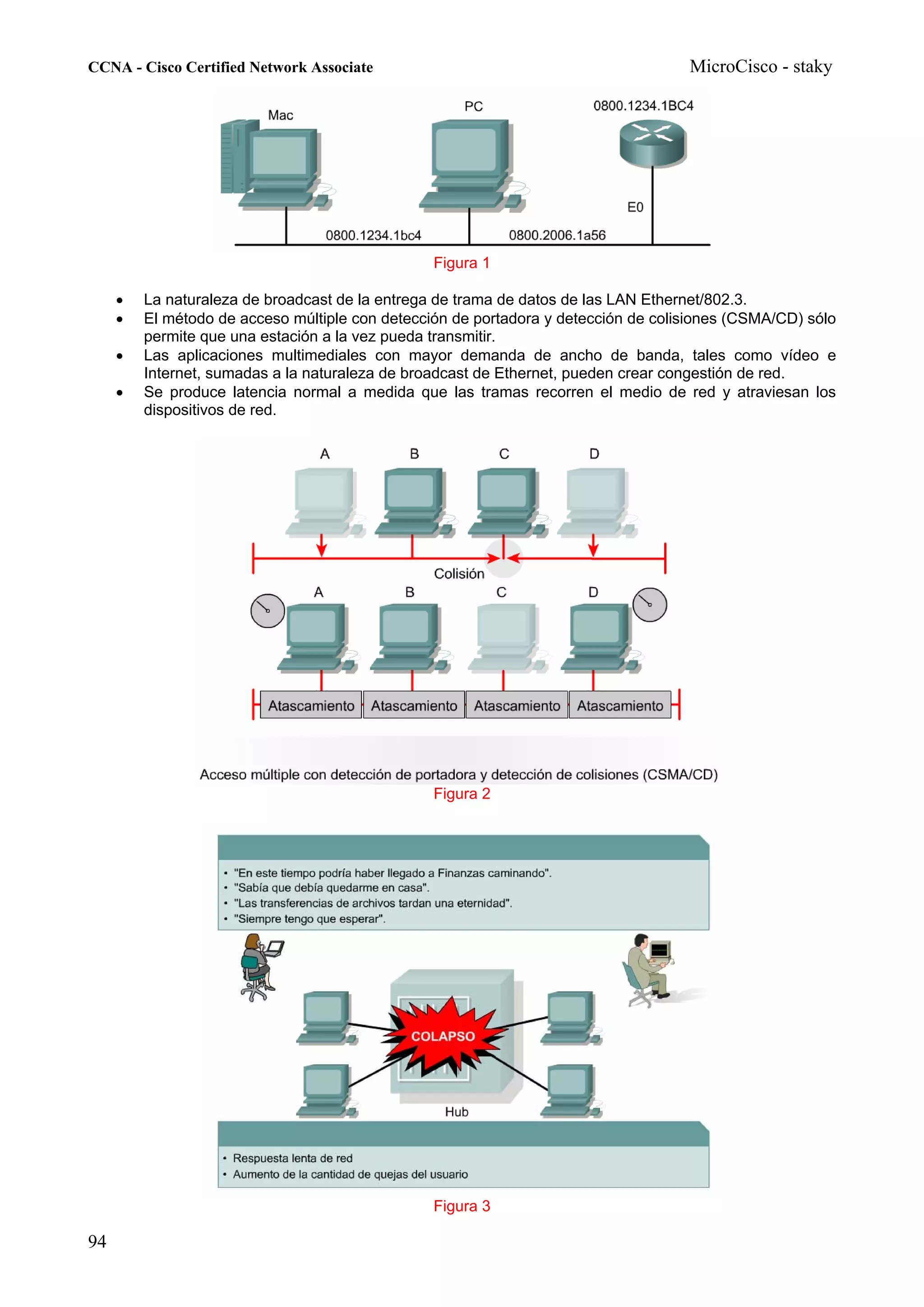 CCNA - Cisco Certified Network Associate                                            MicroCisco - staky




                                                 Figura 1

     •   La naturaleza de broadcast de la entrega de trama de datos de las LAN Ethernet/802.3.
     •   El método de acceso múltiple con detección de portadora y detección de colisiones (CSMA/CD) sólo
         permite que una estación a la vez pueda transmitir.
     •   Las aplicaciones multimediales con mayor demanda de ancho de banda, tales como vídeo e
         Internet, sumadas a la naturaleza de broadcast de Ethernet, pueden crear congestión de red.
     •   Se produce latencia normal a medida que las tramas recorren el medio de red y atraviesan los
         dispositivos de red.




                                                 Figura 2




                                                 Figura 3

94
 
