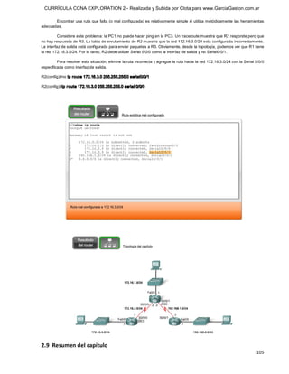CURRÍCULA CCNA EXPLORATION 2 - Realizada y Subida por Clota para www.GarciaGaston.com.ar

       Encontrar una ruta que falta (o mal configurada) es relativamente simple si utiliza metódicamente las herramientas 
adecuadas. 

          Considere este problema: la PC1 no puede hacer ping en la PC3. Un traceroute muestra que R2 responde pero que 
no hay respuesta de R3. La tabla de enrutamiento de R2 muestra que la red 172.16.3.0/24 está configurada incorrectamente. 
La interfaz de salida está configurada para enviar paquetes a R3. Obviamente, desde la topología, podemos ver que R1 tiene 
la red 172.16.3.0/24. Por lo tanto, R2 debe utilizar Serial 0/0/0 como la interfaz de salida y no Serial0/0/1. 

         Para resolver esta situación, elimine la ruta incorrecta y agregue la ruta hacia la red 172.16.3.0/24 con la Serial 0/0/0 
especificada como interfaz de salida. 

R2(config)#no ip route 172.16.3.0 255.255.255.0 serial0/0/1 

R2(config)#ip r oute 172.16.3.0 255.255.255.0 serial 0/0/0 




2.9  Resumen del capítulo
                                                                                                                             105 
 