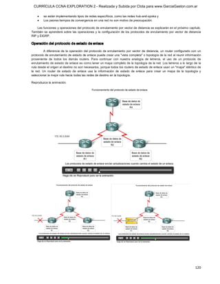 CURRÍCULA CCNA EXPLORATION 2 - Realizada y Subida por Clota para www.GarciaGaston.com.ar

    ·     se están implementando tipos de redes específicos, como las redes hub­and­spoke y
    ·     Los peores tiempos de convergencia en una red no son motivo de preocupación. 

    Las funciones y operaciones del protocolo de enrutamiento por vector de distancia se explicarán en el próximo capítulo. 
También  se  aprenderá  sobre  las  operaciones  y  la  configuración  de  los  protocolos  de  enrutamiento  por  vector  de  distancia 
RIP y EIGRP. 

Operación del protocolo de estado de enlace 

           A  diferencia  de  la  operación  del  protocolo  de  enrutamiento  por  vector  de  distancia,  un  router  configurado  con  un 
protocolo de enrutamiento de estado de enlace puede crear una "vista completa" o topología de la red al reunir información 
proveniente  de  todos  los  demás  routers.  Para  continuar  con  nuestra  analogía  de  letreros,  el  uso  de  un  protocolo  de 
enrutamiento de estado de enlace es como tener un mapa completo de la topología de la red.  Los letreros a lo largo de la 
ruta desde el origen al destino no son necesarios, porque todos los routers de estado de enlace usan un "mapa" idéntico de 
la  red.  Un  router  de  estado  de  enlace  usa  la  información  de  estado  de  enlace  para  crear  un  mapa  de  la  topología  y 
seleccionar la mejor ruta hacia todas las redes de destino en la topología. 

Reproduzca la animación.




                                                                                                                                       120 
 