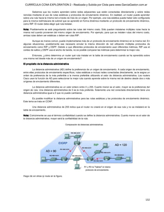 CURRÍCULA CCNA EXPLORATION 2 - Realizada y Subida por Clota para www.GarciaGaston.com.ar

         Sabemos  que  los  routers  aprenden  sobre  redes  adyacentes  que  están  conectadas  directamente  y  sobre  redes 
remotas mediante  el  uso  de rutas estáticas  y protocolos de enrutamiento dinámico.  En realidad,  un router puede aprender 
sobre una ruta hacia la misma red a través de más de un origen. Por ejemplo, una ruta estática puede haber sido configurada 
para la misma red/máscara de subred que se aprendió en forma dinámica mediante un protocolo de enrutamiento dinámico, 
como RIP. El router debe elegir qué ruta instalar. 

Nota:  Posiblemente  se  esté  preguntando  sobre  las  rutas  del  mismo  costo. Sólo  pueden  instalarse múltiples  rutas  hacia  la 
misma red cuando provienen del mismo origen de  enrutamiento. Por ejemplo,  para que se instalen rutas  del mismo costo, 
ambas rutas deben ser estáticas o deben ser rutas RIP. 

         Aunque es menos común, puede implementarse más de un protocolo de enrutamiento dinámico en la misma red. En 
algunas  situaciones,  posiblemente  sea  necesario  enrutar  la  misma  dirección  de  red  utilizando  múltiples  protocolos  de 
enrutamiento como RIP y OSPF. Debido a que diferentes protocolos de enrutamiento usan diferentes métricas, RIP usa el 
conteo de saltos y OSPF usa el ancho de banda, no es posible comparar las métricas para determinar la mejor ruta. 

       Entonces, ¿cómo determina un router qué ruta instalar en la tabla de enrutamiento cuando se ha aprendido sobre 
una misma red desde más de un origen de enrutamiento? 

El propósito de la distancia administrativa 

          La distancia administrativa (AD) define la preferencia de un origen de enrutamiento. A cada origen de enrutamiento, 
entre ellas protocolos de enrutamiento específicos, rutas estáticas e incluso redes conectadas directamente, se le asigna un 
orden  de  preferencia  de  la  más  preferible  a  la  menos  preferible  utilizando  el  valor  de  distancia  administrativa.  Los  routers 
Cisco usan la función de AD para seleccionar la mejor ruta cuando aprende sobre la misma red de destino desde dos o más 
orígenes de enrutamiento diferentes. 

         La distancia administrativa es un valor entero entre 0 y 255. Cuanto menor es el valor, mayor es la preferencia del 
origen de ruta. Una distancia administrativa de 0 es la más preferida. Solamente una red conectada directamente tiene una 
distancia administrativa igual a 0 que no puede cambiarse. 

        Es posible  modificar  la distancia administrativa  para las  rutas estáticas y los protocolos de enrutamiento dinámico. 
Este tema se trata en CCNP. 

         Una distancia administrativa  de 255  indica que el router no creerá  en el origen de esa ruta y no se instalará en  la 
tabla de enrutamiento. 

Nota: Comúnmente se usa el término confiabilidad cuando se define la distancia administrativa. Cuanto menor es el valor de 
la distancia administrativa, mayor será la confiabilidad de la ruta. 




Haga clic en show ip route en la figura.




                                                                                                                                         132 
 