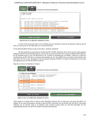CURRÍCULA CCNA EXPLORATION 2 - Realizada y Subida por Clota para www.GarciaGaston.com.ar




         El valor de AD es el primer valor en los  corchetes para  una entrada  de la tabla de  enrutamiento. Observe que R2 
tiene una ruta hacia la red 192.168.6.0/24 con un valor de AD de 90. 

D 192.168.6.0/24 [90/2172416] a través de 192.168.2.1, 00:00:24, Serial0/0/0 

         R2 está ejecutando los protocolos de enrutamiento RIP y EIGRP. (Recuerde: No es común que los routers ejecuten 
múltiples protocolos de enrutamiento dinámico, pero se usan aquí para demostrar cómo funciona la distancia administrativa). 
R2  ha  aprendido  sobre  la  ruta  192.168.6.0/24  por  R1  a  través  de  actualizaciones  de  EIGRP  y  desde  R3  a  través  de 
actualizaciones  de RIP. RIP tiene  una  distancia  administrativa  de  120,  pero EIGRP tiene  una  distancia  administrativa  más 
baja, igual a 90. Por lo tanto, R2 agrega la ruta que aprendió utilizando el EIGRP en la tabla de enrutamiento y envía todos 
los paquetes para la red 192.168.6.0/24 al router R1. 

Haga clic en show ip rip database en la figura. 




¿Qué  sucede  si  el  enlace  hacia  R1  deja  de  estar  disponible?  Entonces,  R2  no  tendrá  una  ruta  hacia  192.168.6.0.  En 
realidad, R2 aún tiene almacenada en la base de datos del RIP la información de ruta del RIP para 192.168.6.0. Esto puede 
verificarse  con  el  comando  show  ip  rip  database.  Este  comando  muestra  todas  las  rutas  RIP  aprendidas  por  R2, 
independientemente de si la ruta RIP se instala en la tabla de enrutamiento.




                                                                                                                               133 
 