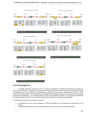 CURRÍCULA CCNA EXPLORATION 2 - Realizada y Subida por Clota para www.GarciaGaston.com.ar




4.2.4 Convergencia 
         La  cantidad  de  tiempo  necesario  para  que  una  red  sea  convergente  es  directamente  proporcional  al  tamaño  de 
dicha red. En la animación, un router de una sucursal en la Región 4 (B2­R4) está arrancando en frío. La animación muestra 
la  propagación  de  la  nueva  información  de  enrutamiento  a  medida  que  se  envían  las  actualizaciones  entre  los  routers 
vecinos.  Se  necesitan  cinco  rondas  de  intervalos  de  actualizaciones  periódicas  antes  de  que  la mayoría  de  los  routers  de 
sucursales de las Regiones 1, 2 y 3 aprendan sobre las nuevas rutas publicadas por B2­R4. Los protocolos de enrutamiento 
se comparan según la rapidez con la que pueden propagar esta información (su velocidad para converger). 

La velocidad para alcanzar la convergencia consiste en: 

    §    La  velocidad  en  que  los  routers  propagan  un  cambio  de  topología  en  una  actualización  de  enrutamiento  a  sus 
         vecinos. 
    §    La velocidad para calcular las mejores rutas utilizando la nueva información de enrutamiento obtenida.


                                                                                                                                    161 
 