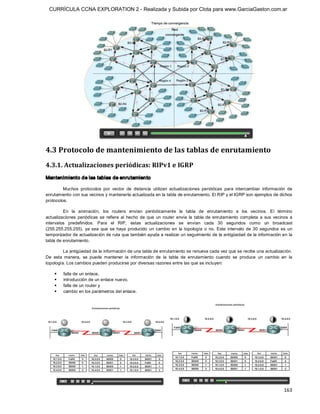 CURRÍCULA CCNA EXPLORATION 2 - Realizada y Subida por Clota para www.GarciaGaston.com.ar




4.3 Protocolo de mantenimiento de las tablas de enrutamiento 
4.3.1. Actualizaciones periódicas: RIPv1 e IGRP 
Mantenimiento de las tablas de enrutamiento 

         Muchos  protocolos  por  vector  de  distancia  utilizan  actualizaciones  periódicas  para  intercambiar  información  de 
enrutamiento con sus vecinos y mantenerla actualizada en la tabla de enrutamiento. El RIP y el IGRP son ejemplos de dichos 
protocolos.

         En  la  animación,  los  routers  envían  periódicamente  la  tabla  de  enrutamiento  a  los  vecinos.  El  término 
actualizaciones  periódicas  se  refiere  al  hecho  de  que  un  router  envía  la  tabla  de  enrutamiento  completa  a  sus  vecinos  a 
intervalos  predefinidos.  Para  el  RIP,  estas  actualizaciones  se  envían  cada  30  segundos  como  un  broadcast 
(255.255.255.255),  ya  sea  que  se  haya  producido  un  cambio  en  la  topología  o  no.  Este  intervalo  de  30  segundos  es  un 
temporizador de actualización de ruta que también ayuda a realizar un seguimiento de la antigüedad de la información en la 
tabla de enrutamiento. 

         La antigüedad de la información de una tabla de enrutamiento se renueva cada vez que se recibe una actualización. 
De  esta  manera,  se  puede  mantener  la  información  de  la  tabla  de  enrutamiento  cuando  se  produce  un  cambio  en  la 
topología. Los cambios pueden producirse por diversas razones entre las que se incluyen: 

    §    falla de un enlace, 
    §    introducción de un enlace nuevo, 
    §    falla de un router y 
    §    cambio en los parámetros del enlace.




                                                                                                                                     163 
 