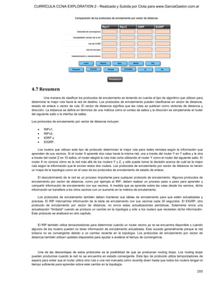 CURRÍCULA CCNA EXPLORATION 2 - Realizada y Subida por Clota para www.GarciaGaston.com.ar




4.7 Resumen 
         Una manera de clasificar los protocolos de enrutamiento es teniendo en cuenta el tipo de algoritmo que utilizan para 
determinar la mejor ruta hacia la red de destino. Los protocolos de enrutamiento pueden clasificarse en vector de distancia, 
estado  de  enlace  o  vector de  ruta. El  vector  de  distancia  significa  que  las  rutas  se  publican  como  vectores  de distancia  y 
dirección. La distancia se define en términos de una métrica como el conteo de saltos y la dirección es simplemente el router 
del siguiente salto o la interfaz de salida. 

Los protocolos de enrutamiento por vector de distancia incluyen:

    ·     RIPv1,
    ·     RIPv2,
    ·     IGRP y
    ·     EIGRP. 

     Los  routers que  utilizan  este tipo  de  protocolo  determinan  la mejor ruta  para  redes remotas según  la  información  que 
aprenden de sus vecinos. Si el router X aprende dos rutas hacia la misma red, una a través del router Y en 7 saltos y la otra 
a través del router Z en 10 saltos, el router elegirá la ruta más corta utilizando el router Y como el router del siguiente salto. El 
router X no conoce cómo es la red más allá de los routers Y y Z, y sólo puede tomar la decisión acerca de cuál es la mejor 
ruta según la información que le envían estos dos routers. Los protocolos de enrutamiento por vector de distancia no tienen 
un mapa de la topología como en el caso de los protocolos de enrutamiento de estado de enlace. 

     El descubrimiento de la red es un proceso importante para cualquier protocolo de enrutamiento. Algunos protocolos de 
enrutamiento  por  vector  de  distancia,  como  por  ejemplo  el  RIP,  deben  realizar  un  proceso  paso  a  paso  para  aprender  y 
compartir  información de enrutamiento con sus vecinos. A medida que se aprende sobre las rutas desde los vecinos,  dicha 
información se transfiere a los otros vecinos con un aumento en la métrica de enrutamiento. 

    Los  protocolos  de  enrutamiento  también  deben  mantener  sus  tablas  de  enrutamiento  para  que  estén  actualizadas  y 
precisas. El  RIP  intercambia  información  de  la  tabla  de  enrutamiento  con  sus  vecinos  cada  30  segundos.  El  EIGRP,  otro 
protocolo  de  enrutamiento  por  vector  de  distancia,  no  envía  estas  actualizaciones  periódicas.  Solamente  envía  una 
actualización "limitada" cuando se produce un cambio en la topología y sólo a los routers que necesitan dicha  información. 
Este protocolo se analizará en otro capítulo. 


     El RIP también utiliza temporizadores para determinar cuándo un router vecino ya no se encuentra disponible o cuándo 
algunos de  los routers pueden no tener información de enrutamiento actualizada. Esto  sucede generalmente porque la red 
todavía  no  es  convergente  debido  a  un  cambio  reciente  en  la  topología.  Los  protocolos  de  enrutamiento  por  vector  de 
distancia también utilizan updates disparados para ayudar a acelerar el tiempo de convergencia. 



    Una  de  las  desventajas  de  estos  protocolos  es  la  posibilidad  de  que  se  produzcan  routing  loops.  Los  routing  loops 
pueden producirse cuando  la red no se  encuentra en estado convergente. Este tipo de protocolo utiliza temporizadores de 
espera para evitar que el router utilice otra ruta a una red marcada como recently down hasta que todos los routers tengan el 
tiempo suficiente para aprender sobre este cambio en la topología.

                                                                                                                                       193 
 