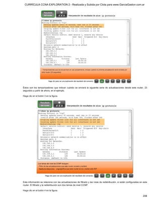 CURRÍCULA CCNA EXPLORATION 2 - Realizada y Subida por Clota para www.GarciaGaston.com.ar




Éstos  son  los  temporizadores  que  indican  cuándo  se  enviará  la  siguiente  serie  de  actualizaciones  desde  este  router,  23 
segundos a partir de ahora, en el ejemplo. 

Haga clic en el botón 3 en la figura. 




Esta información se relaciona con las actualizaciones de filtrado y las rutas de redistribución, si están configuradas en este 
router. El filtrado y la redistribución son dos temas de nivel CCNP. 

Haga clic en el botón 4 en la figura.

                                                                                                                                  208 
 