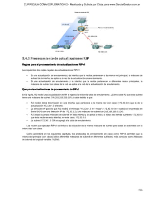 CURRÍCULA CCNA EXPLORATION 2 - Realizada y Subida por Clota para www.GarciaGaston.com.ar




5.4.3 Procesamiento de actualizaciones RIP 
Reglas para el procesamiento de actualizaciones RIPv1 

Las siguientes dos reglas regulan las actualizaciones RIPv1:

    ·    Si una actualización de enrutamiento y la interfaz que la recibe pertenecen a la misma red principal,  la máscara de 
         subred de la interfaz se aplica a la red de la actualización de enrutamiento.
    ·    Si  una  actualización  de  enrutamiento  y  la  interfaz  que  la  recibe  pertenecen  a  diferentes  redes  principales,  la 
         máscara de subred con clase de la red se aplica a la red de la actualización de enrutamiento. 

Ejem plo de actualizaciones de procesam iento de RIPv1 

En la figura, R2 recibe una actualización de R1 e ingresa la red en la tabla de enrutamiento. ¿Cómo sabe R2 que esta subred 
tiene una máscara de subred /24 (255.255.255.0)? Lo sabe debido a que:

    ·    R2  recibió  dicha  información  en  una  interfaz  que  pertenece  a  la  misma  red  con  clase  (172.30.0.0)  que  la  de  la 
         actualización 172.30.1.0 entrante.
    ·    La dirección IP para la que R2 recibió el mensaje "172.30.1.0 in 1  hops" (172.30.1.0 en 1 salto) se encontraba en 
         Serial 0/0/0 con una dirección IP de 172.30.2.2 y una máscara de subred de 255.255.255.0 (/24).
    ·    R2 utiliza su propia máscara de subred en esta interfaz y la aplica a ésta y a todas las demás subredes 172.30.0.0 
         que ésta recibe en esta interfaz; en este caso, 172.30.1.0.
    ·    La subred 172.30.1.0 /24 se agregó a la tabla de enrutamiento. 

    Los routers que ejecutan RIPv1 se limitan a la utilización de la misma máscara de subred para todas las subredes con la 
misma red con clase. 

    Como  aprenderá  en  los  siguientes  capítulos,  los  protocolos  de  enrutamiento  sin  clase  como  RIPv2  permiten  que  la 
misma red principal (con clase) utilice diferentes máscaras de subred en diferentes subredes, más conocida como Máscara 
de subred de longitud variable (VLSM).




                                                                                                                                    219 
 