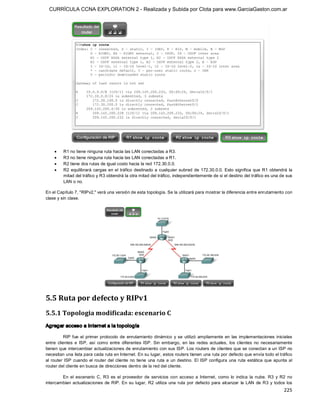 CURRÍCULA CCNA EXPLORATION 2 - Realizada y Subida por Clota para www.GarciaGaston.com.ar




     ·    R1 no tiene ninguna ruta hacia las LAN conectadas a R3.
     ·    R3 no tiene ninguna ruta hacia las LAN conectadas a R1.
     ·    R2 tiene dos rutas de igual costo hacia la red 172.30.0.0.
     ·    R2  equilibrará  cargas  en  el  tráfico  destinado  a  cualquier  subred  de 172.30.0.0. Esto  significa  que  R1  obtendrá  la 
          mitad del tráfico y R3 obtendrá la otra mitad del tráfico, independientemente de si el destino del tráfico es una de sus 
          LAN o no. 

En el Capítulo 7, "RIPv2," verá una versión de esta topología. Se la utilizará para mostrar la diferencia entre enrutamiento con 
clase y sin clase. 




5.5 Ruta por defecto y RIPv1 
5.5.1 Topologia modificada: escenario C 
Agregar acceso a Internet a la topología 

           RIP  fue  el  primer  protocolo  de  enrutamiento  dinámico  y  se  utilizó  ampliamente  en  las  implementaciones  iniciales 
entre  clientes  e  ISP,  así  como  entre  diferentes  ISP.  Sin  embargo,  en  las  redes  actuales,  los  clientes  no  necesariamente 
tienen que intercambiar actualizaciones de enrutamiento con sus ISP. Los routers de clientes que se conectan a un ISP no 
necesitan una lista para cada ruta en Internet. En su lugar, estos routers tienen una ruta por defecto que envía todo el tráfico 
al  router  ISP  cuando  el  router  del  cliente  no  tiene  una  ruta  a  un  destino.  El  ISP  configura  una  ruta  estática  que  apunta  al 
router del cliente en busca de direcciones dentro de la red del cliente. 

        En  el  escenario  C,  R3  es  el  proveedor  de  servicios  con  acceso  a  Internet,  como  lo  indica  la  nube.  R3  y  R2  no 
intercambian  actualizaciones  de  RIP.  En  su  lugar,  R2  utiliza  una  ruta  por  defecto  para  alcanzar  la  LAN  de  R3  y  todos  los
                                                                                                                                             225 
 