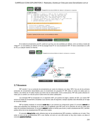 CURRÍCULA CCNA EXPLORATION 2 - Realizada y Subida por Clota para www.GarciaGaston.com.ar




        En la tabla de enrutamiento para R1, podrá ver que hay una ruta candidata por defecto, como se indica a través del 
código R*. La ruta estática por defecto en R2 se propagó hacia R1 en una actualización RIP. R1 tiene conectividad a la LAN 
en R3 y a cualquier destino en Internet. 




5.7 Resumen 
         RIP (versión  1)  es un protocolo de enrutamiento por vector de distancia con clase.  RIPv1 fue uno de  los primeros 
protocolos  de  enrutamiento  desarrollados  para  el  enrutamiento  de  paquetes  IP.  RIP  utiliza  el  conteo  de  saltos  para  su 
métrica, una métrica de 16 saltos implica que dicha ruta es inalcanzable. Como consecuencia, RIP sólo puede utilizarse en 
redes que no cuenten con más de quince routers entre dos redes cualesquiera. 

         Los mensajes RIP se encapsulan en  un segmento UDP,  con puertos de origen y destino de  520.  Los routers RIP 
envían sus tablas de enrutamiento completas a sus vecinos cada 30 segundos, excepto aquellas rutas afectadas por la regla 
de horizonte dividido. 

           RIP se habilita mediante el comando  router rip  en  una solicitud de configuración  global.  El comando  netw ork  se 
utiliza  para  especificar  las  interfaces  en  el  router  que  se  habilitarán  para  RIP junto  con  la  dirección  de  red  con  clase  para 
cada red conectada directamente. El comando network habilita la interfaz para enviar y recibir actualizaciones RIP y también 
publica dicha red en las actualizaciones RIP para otros routers. 

           El comando debug ip rip puede utilizarse para ver las actualizaciones RIP enviadas y recibidas por el router. Para 
evitar  el  envío  de  las  actualizaciones  RIP  a  una  interfaz,  tal  como  en  una  LAN  donde  no  hay  otros  routers,  se  utiliza  el 
comando passive­interface.

                                                                                                                                            229 
 