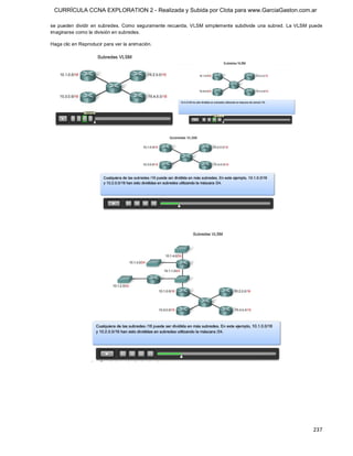 CURRÍCULA CCNA EXPLORATION 2 - Realizada y Subida por Clota para www.GarciaGaston.com.ar

se  pueden  dividir  en  subredes.  Como  seguramente  recuerda,  VLSM  simplemente  subdivide  una  subred.  La  VLSM  puede 
imaginarse como la división en subredes. 

Haga clic en Reproducir para ver la animación.




                                                                                                                         237 
 