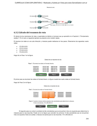CURRÍCULA CCNA EXPLORATION 2 - Realizada y Subida por Clota para www.GarciaGaston.com.ar




6.3.2 Cálculo del resumen de ruta 
El cálculo de  los resúmenes de rutas y superredes es  idéntico al  proceso  que ya aprendió en el Capítulo 2,  "Enrutamiento 
estático". Por lo tanto, el siguiente ejemplo se presenta como revisión rápida. 

El  resumen  de  redes  en  una  sola  dirección  y  máscara  puede  realizarse  en  tres  pasos.  Observemos  las  siguientes  cuatro 
redes:

    ·    172.20.0.0/16
    ·    172.21.0.0/16
    ·    172.22.0.0/16
    ·    172.23.0.0/16 

Haga clic en Paso 1 en la figura. 




El primer paso es enumerar las redes en formato binario. La figura muestra las cuatro redes en formato binario. 

Haga clic Paso 2 en la figura. 




        El segundo paso es contar la cantidad de bits coincidentes que se encuentran más a la izquierda para determinar la 
máscara para la ruta  resumida. Puede ver en  la figura que coinciden  los primeros 14 bits coincidentes que se  encuentran 
más a la izquierda. Éste es el prefijo o máscara de subred para la ruta resumida: /14 ó 255.252.0.0.


                                                                                                                                 243 
 