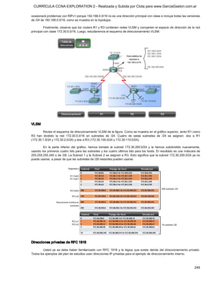 CURRÍCULA CCNA EXPLORATION 2 - Realizada y Subida por Clota para www.GarciaGaston.com.ar

ocasionará problemas con RIPv1 porque 192.168.0.0/16 no es una dirección principal con clase e incluye todas las versiones 
de /24 de 192.168.0.0/16, como se muestra en la topología. 

          Finalmente, observe que los routers R1 y R3 contienen redes VLSM y comparten el espacio de dirección de la red 
principal con clase 172.30.0.0/16. Luego, estudiaremos el esquema de direccionamiento VLSM. 




VLSM 

        Revise el esquema de direccionamiento VLSM de la figura. Como se muestra en el gráfico superior, tanto R1 como 
R3  han  dividido  la  red  172.30.0.0/16  en  subredes  de  /24.  Cuatro  de  estas  subredes  de  /24  se  asignan:  dos  a  R1 
(172.30.1.0/24 y 172.30.2.0/24) y dos a R3 (172.30.100.0/24 y 172.30.110.0/24). 

         En  la  parte  inferior  del  gráfico,  hemos  tomado  la  subred  172.30.200.0/24  y  la  hemos  subdividido  nuevamente, 
usando  los primeros cuatro bits para las subredes y los cuatro últimos bits para los hosts. El resultado es una máscara de 
255.255.255.240 o de /28. La Subred 1 y la Subred 2 se asignan a R3. Esto significa que la subred 172.30.200.0/24 ya no 
puede usarse, a pesar de que las subredes de /28 restantes pueden usarse. 




Direcciones privadas de RFC 1918 

        Usted  ya  se  debe  haber  familiarizado  con  RFC  1918  y  la  lógica  que  existe  detrás  del  direccionamiento  privado. 
Todos los ejemplos del plan de estudios usan direcciones IP privadas para el ejemplo de direccionamiento interno.



                                                                                                                                 249 
 