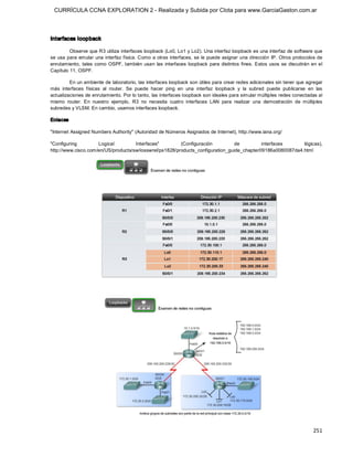 CURRÍCULA CCNA EXPLORATION 2 - Realizada y Subida por Clota para www.GarciaGaston.com.ar



Interfaces loopback 

         Observe que R3 utiliza interfaces loopback (Lo0, Lo1 y Lo2). Una interfaz loopback es una interfaz de software que 
se usa para  emular una  interfaz física. Como  a otras  interfaces, se le puede  asignar una dirección  IP. Otros protocolos de 
enrutamiento,  tales  como  OSPF,  también  usan  las  interfaces  loopback  para  distintos  fines.  Estos  usos  se  discutirán  en  el 
Capítulo 11, OSPF. 

         En un ambiente de laboratorio, las interfaces loopback son útiles para crear redes adicionales sin tener que agregar 
más  interfaces  físicas  al  router.  Se  puede  hacer  ping  en  una  interfaz  loopback  y  la  subred  puede  publicarse  en  las 
actualizaciones de enrutamiento. Por lo tanto, las interfaces loopback son ideales para simular múltiples redes conectadas al 
mismo  router.  En  nuestro  ejemplo,  R3  no  necesita  cuatro  interfaces  LAN  para  realizar  una  demostración  de  múltiples 
subredes y VLSM. En cambio, usamos interfaces loopback. 

Enlaces 

"Internet Assigned Numbers Authority" (Autoridad de Números Asignados de Internet), http://www.iana.org/ 

"Configuring         Logical         Interfaces"         (Configuración         de          interfaces      lógicas), 
http://www.cisco.com/en/US/products/sw/iosswrel/ps1828/products_configuration_guide_chapter09186a0080087da4.html




                                                                                                                                    251 
 