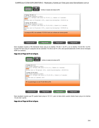 CURRÍCULA CCNA EXPLORATION 2 - Realizada y Subida por Clota para www.GarciaGaston.com.ar




Este  resultado  muestra  a  R2  intentando  hacer  ping  en  la  interfaz  172.30.1.1  de  R1  y  en  la  interfaz  172.30.100.1  de  R3. 
Cuando R2 hace ping en cualquiera de las subredes 172.30.0.0 de R1 o R3, sólo aproximadamente el 50% de los mensajes 
ICMP son exitosos. 

Haga clic en Pings de R1 en la f igura. 




Este resultado muestra que R1 puede hacer ping en 10.1.0.1,  pero no  tiene éxito cuando  intenta  hacer ping en  la  interfaz 
172.30.100.1 de R3. 

Haga clic en Pings de R3 en la f igura.




                                                                                                                                     254 
 