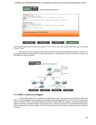 CURRÍCULA CCNA EXPLORATION 2 - Realizada y Subida por Clota para www.GarciaGaston.com.ar




Este resultado muestra que R3 puede hacer ping en 10.1.0.1,  pero no  tiene éxito cuando  intenta  hacer ping en  la  interfaz 
172.30.1.1 de R1. 

          Como puede ver, hay un problema obvio cuando intenta comunicarse con las subredes no contiguas 172.30.0.0. En 
las  siguientes  secciones  examinaremos  las  tablas  de  enrutamiento  y  actualizaciones  de  enrutamiento  para  investigar  más 
este problema e intentar resolverlo. 




7.1.3 RIPv1: redes no contiguas 
         Usted ya sabe que RIPv1 es un protocolo de enrutamiento con clase. Como puede ver en el formato de mensaje del 
RIPv1, en sus actualizaciones de enrutamiento no se incluyen las máscaras de subred. Por lo tanto, RIPv1 no puede admitir 
redes no contiguas, VLSM ni superredes Classless Inter­Domain Routing (CIDR). Sin embargo, ¿podría haber espacio para 
expandir el formato de mensaje del RIPv1 a fin  de poder incluir  la máscara de subred para que verdaderamente podamos 
tener una configuración de red no contigua? ¿Cómo cambiaría el formato de este mensaje en la figura para incluir la máscara 
de subred?




                                                                                                                               255 
 
