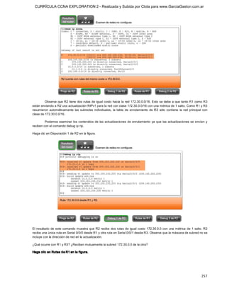 CURRÍCULA CCNA EXPLORATION 2 - Realizada y Subida por Clota para www.GarciaGaston.com.ar




         Observe  que R2 tiene  dos rutas de igual costo hacia  la red 172.30.0.0/16. Esto se debe  a  que tanto R1 como R3 
están enviando a R2 una actualización RIPv1 para la red con clase 172.30.0.0/16 con una métrica de 1 salto. Como R1 y R3 
resumieron  automáticamente  las  subredes  individuales,  la  tabla  de  enrutamiento  de  R2  sólo  contiene  la  red  principal  con 
clase de 172.30.0.0/16. 

         Podemos  examinar  los contenidos de  las actualizaciones  de enrutamiento ya que  las  actualizaciones se  envían  y 
reciben con el comando debug ip rip. 

Haga clic en Depuración 1 de R2 en la figura. 




El  resultado  de  este  comando muestra  que  R2  recibe  dos rutas  de  igual  costo  172.30.0.0  con  una  métrica  de  1  salto.  R2 
recibe una única ruta en Serial 0/0/0 desde R1 y otra ruta en Serial 0/0/1 desde R3. Observe que la máscara de subred no se 
incluye con la dirección de red en la actualización. 

¿Qué ocurre con R1 y R3? ¿Reciben mutuamente la subred 172.30.0.0 de la otra? 

Haga clic en Rutas de R1 en la f igura.




                                                                                                                                   257 
 